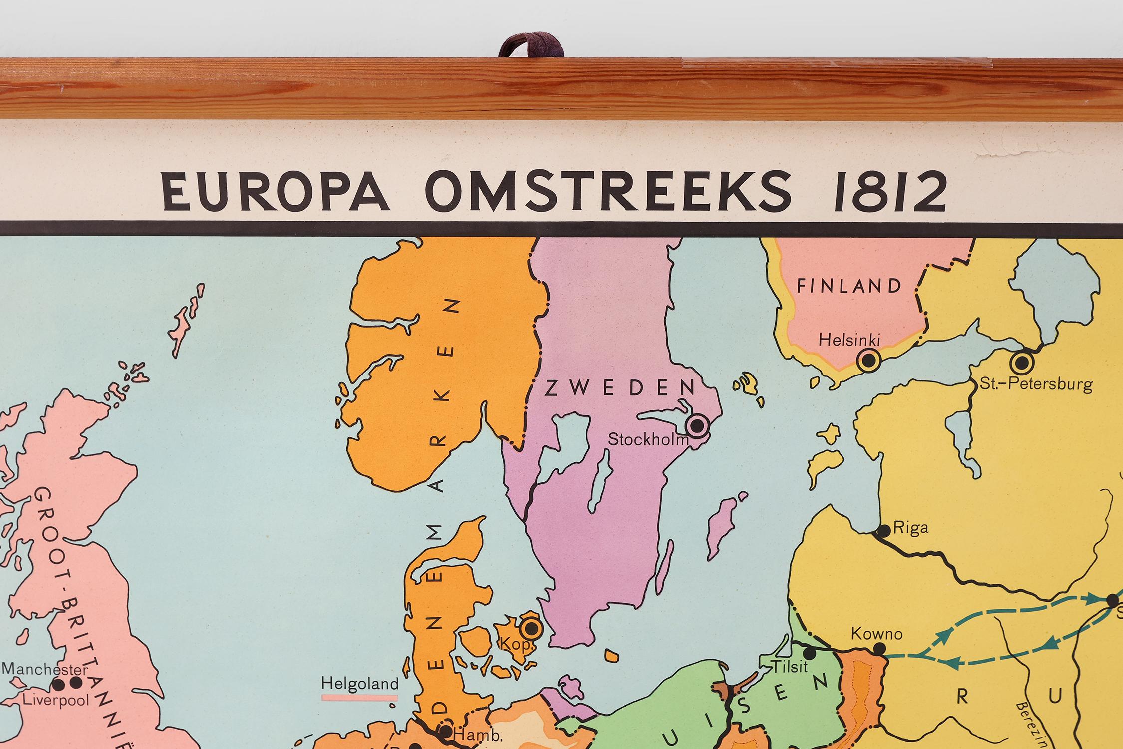 Belgian Vintage historical wall map of Europe around 1812, Belgium 1950s For Sale