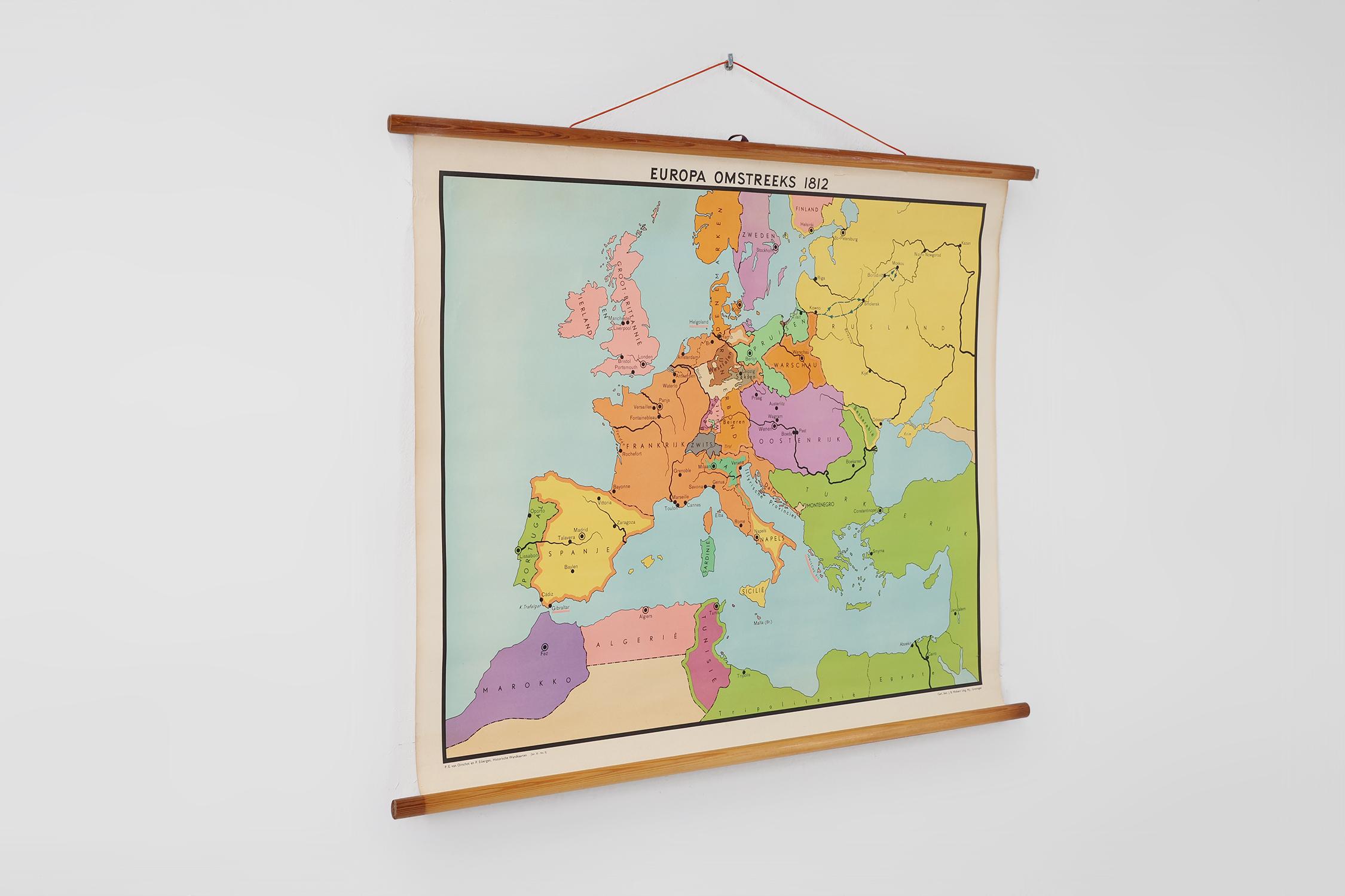 Canvas Vintage historical wall map of Europe around 1812, Belgium 1950s For Sale