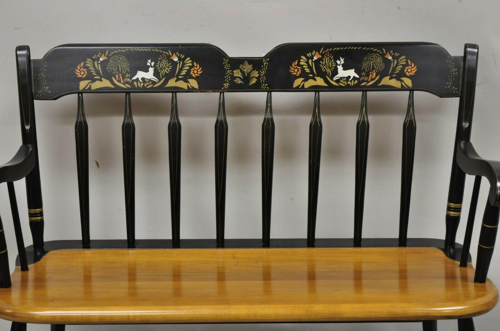 Vintage Hitchcock deacon arrow back bench black maple birch stencil paint. Item features stencil painted back rail, solid wood construction, beautiful wood grain, quality American craftsmanship, great style and form. Possibly by Ethan Allen. Circa