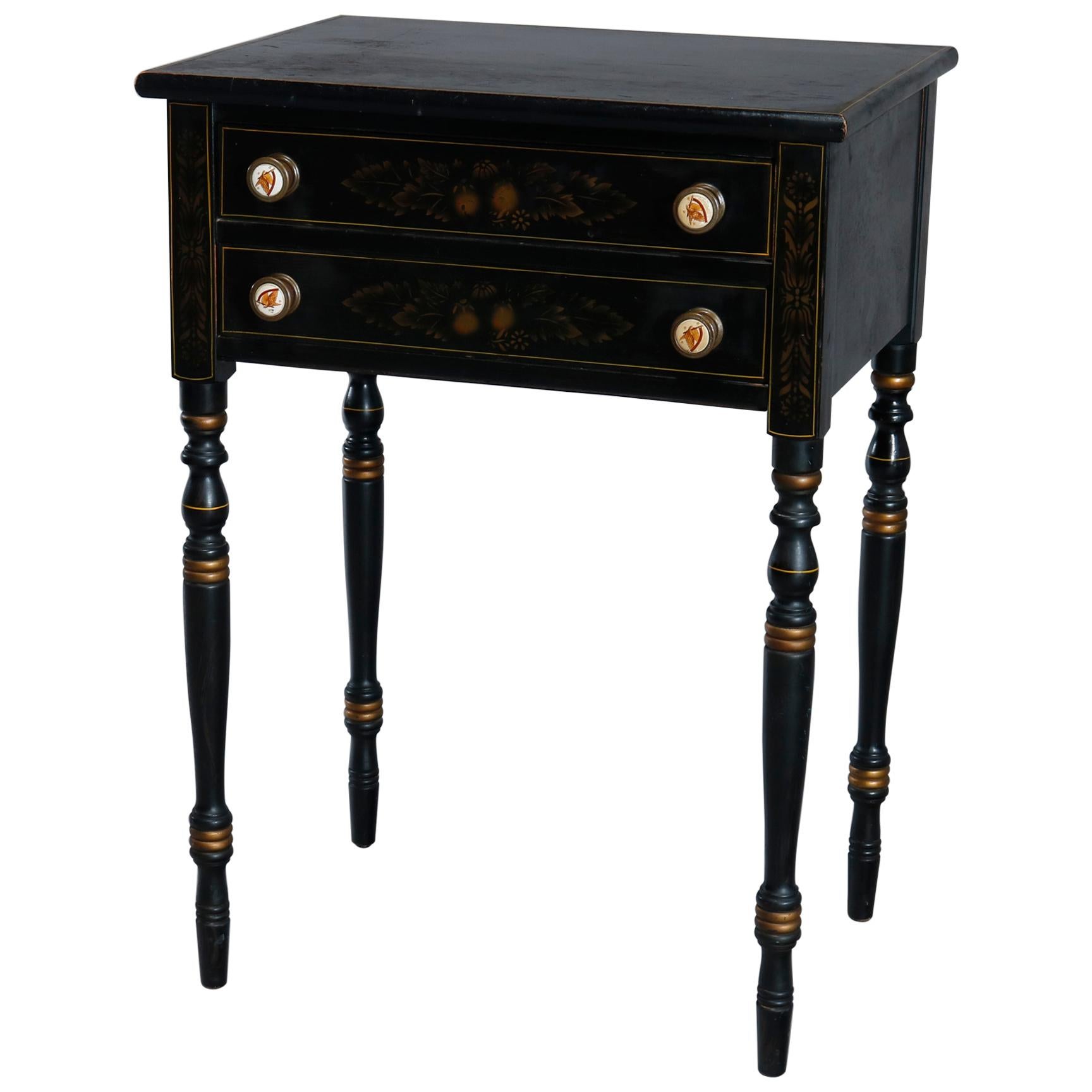 Vintage Hitchcock Parcel-Gilt and Paint Decorated Ebonized Side Table circa 1950