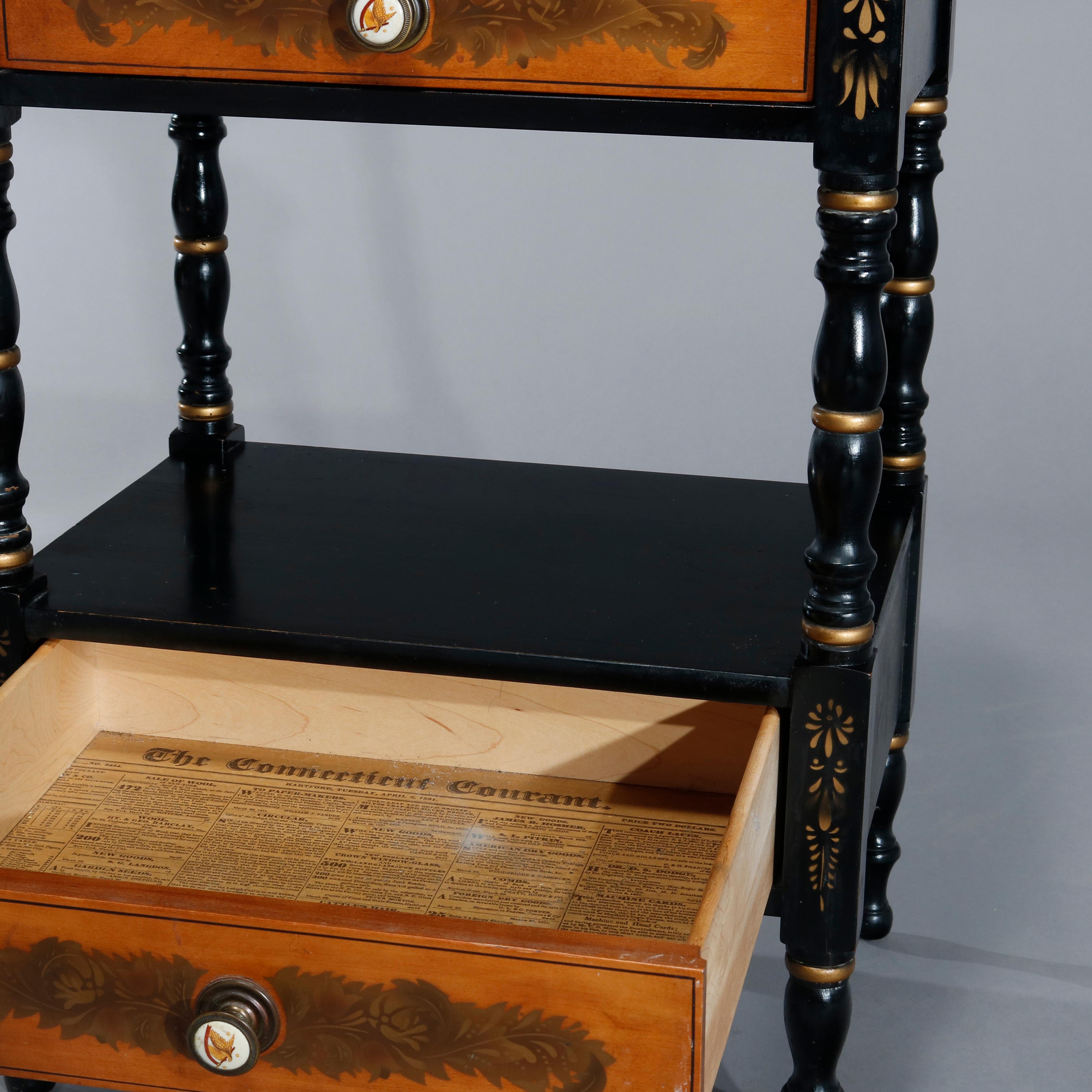 Vintage Hitchcock Stenciled and Gilt Ebonized Two Drawer Side Table, circa 1950 6