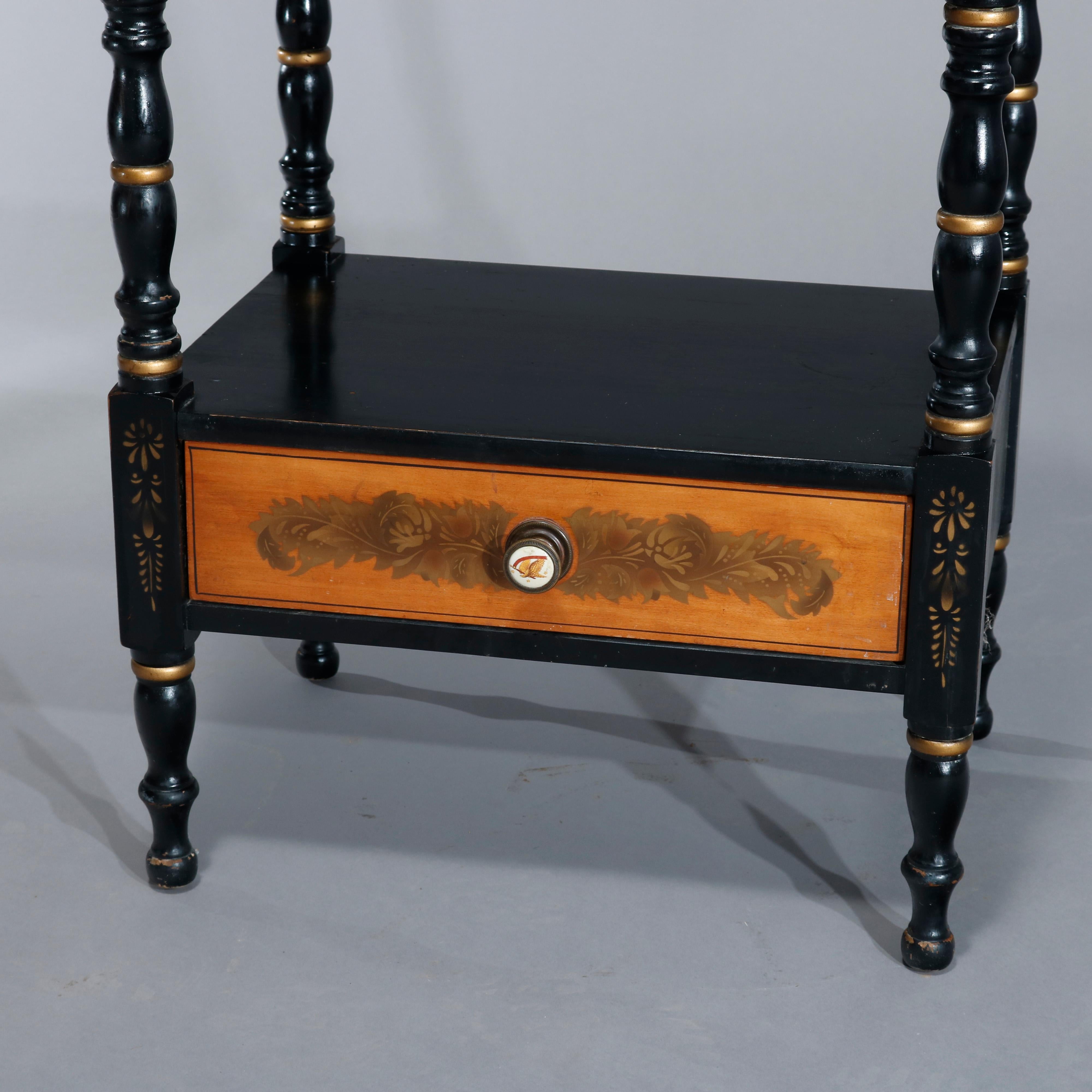 Vintage Hitchcock Stenciled and Gilt Ebonized Two Drawer Side Table, circa 1950 In Good Condition In Big Flats, NY