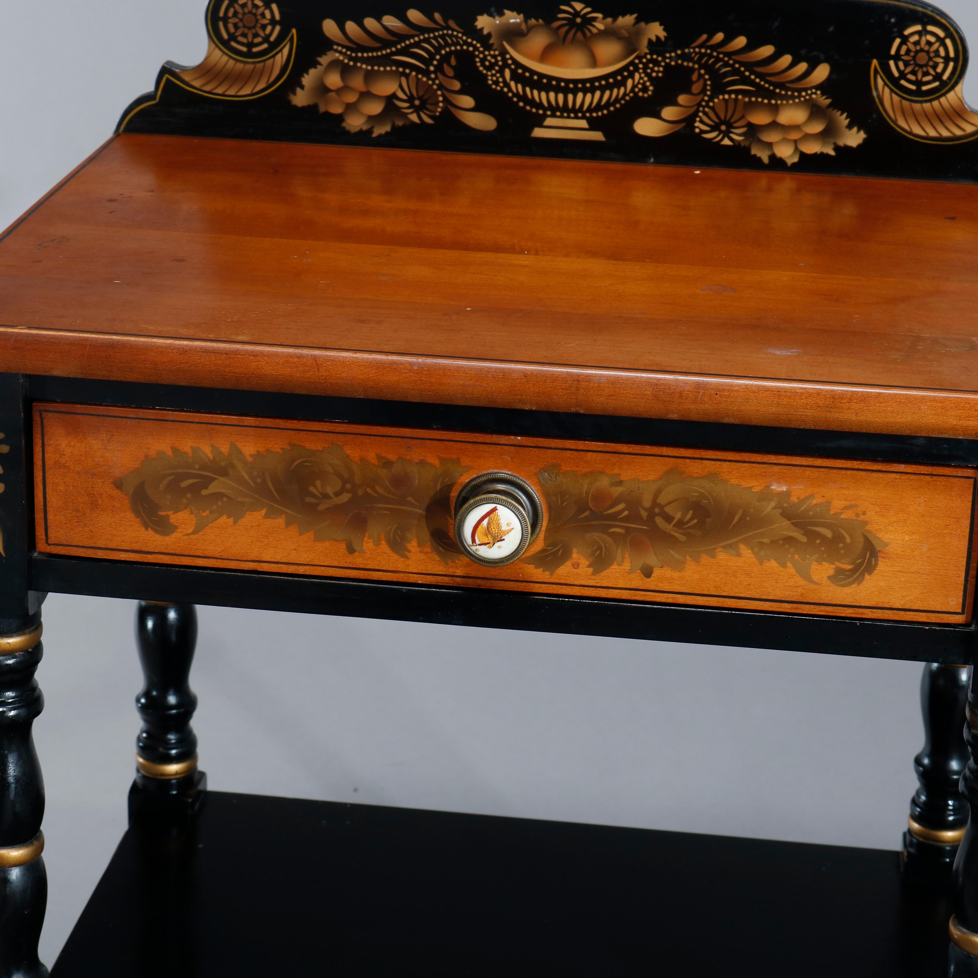 20th Century Vintage Hitchcock Stenciled and Gilt Ebonized Two Drawer Side Table, circa 1950