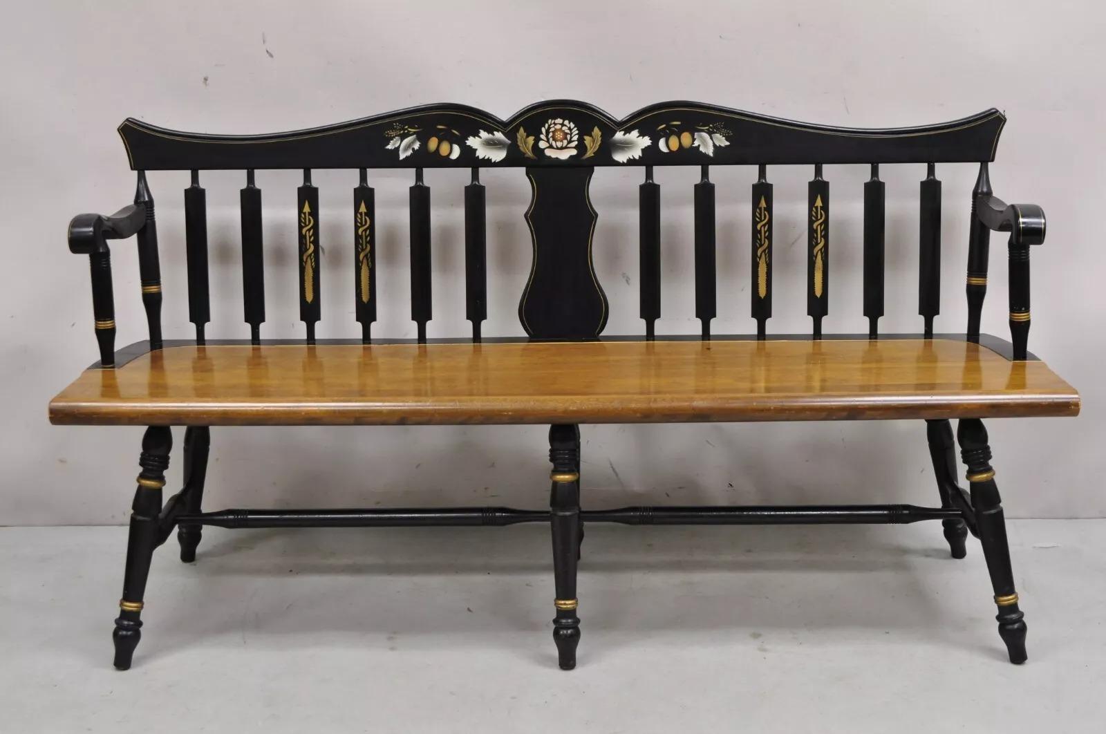 Banco Windsor Vintage Estilo Hitchcock Madera de Arce 6 Patas Colonial Stencil Negro 6