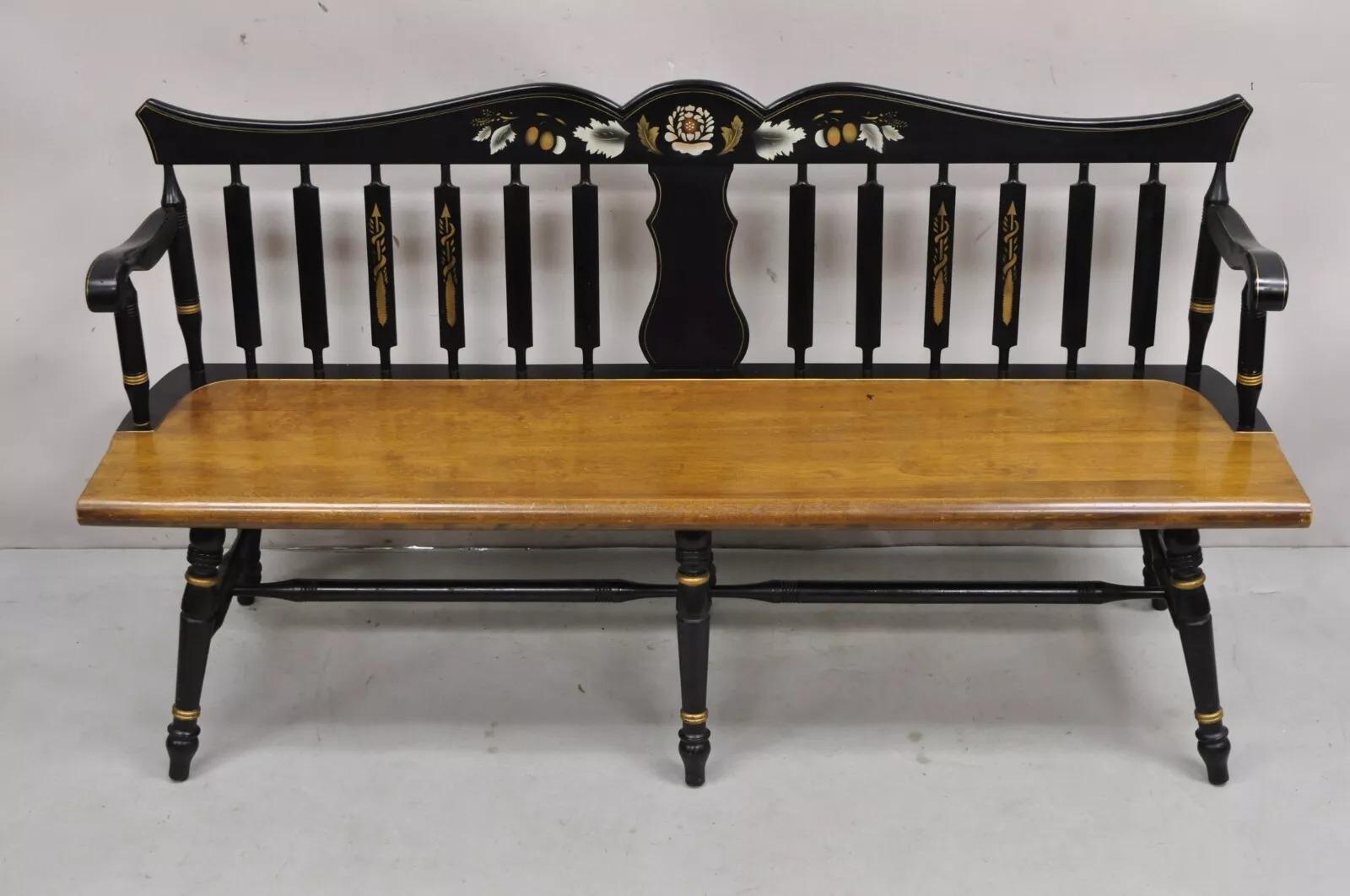 Banco Windsor Vintage Estilo Hitchcock Madera de Arce 6 Patas Colonial Stencil Negro Otro