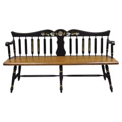 Vintage Hitchcock Style Maple Wood 6 Leg Colonial Black Stencil Windsor Bench