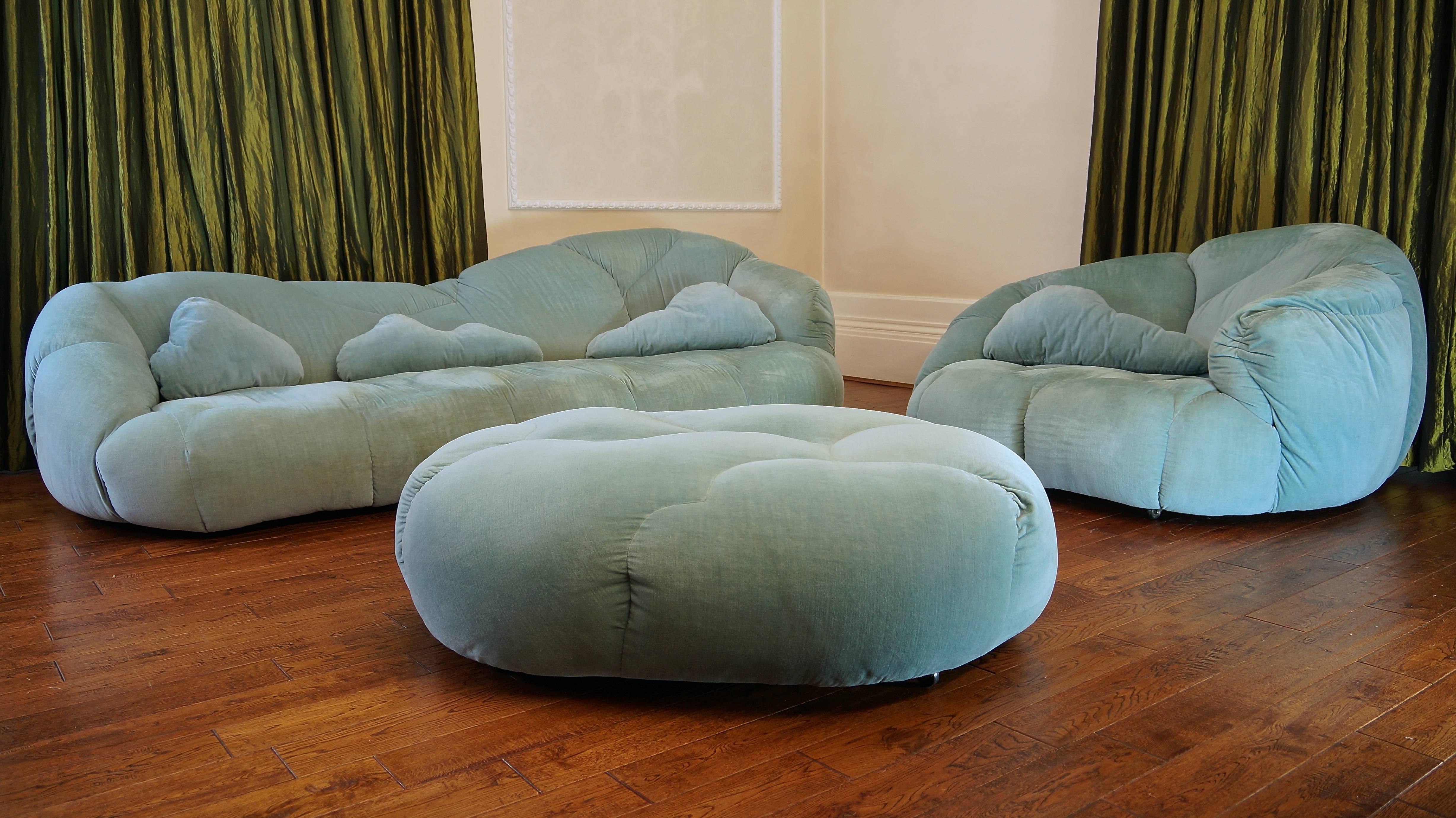 Incredibly rare cloud suite by HK Furniture comprising the stunning, large sofa/chaise longue and never seen before armchair and footstool/pouffe and to top it all off the very rare, full compliment of cloud cushions!!!

Designed by Howard Keith,