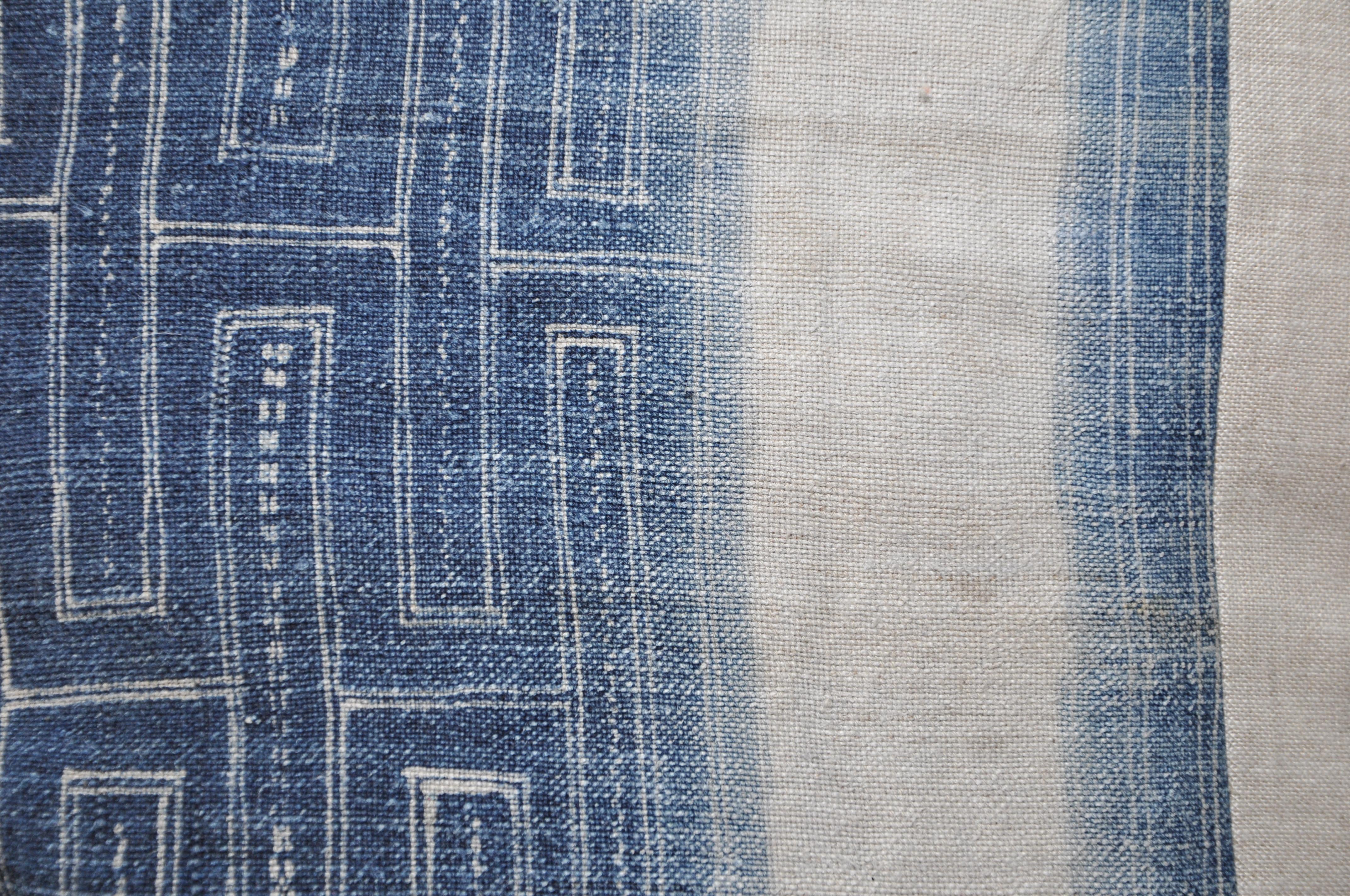 Hand-Crafted Vintage Hmong Tribe Fabric in Indigo Blue with Natural Pure Irish Linen Reverse For Sale