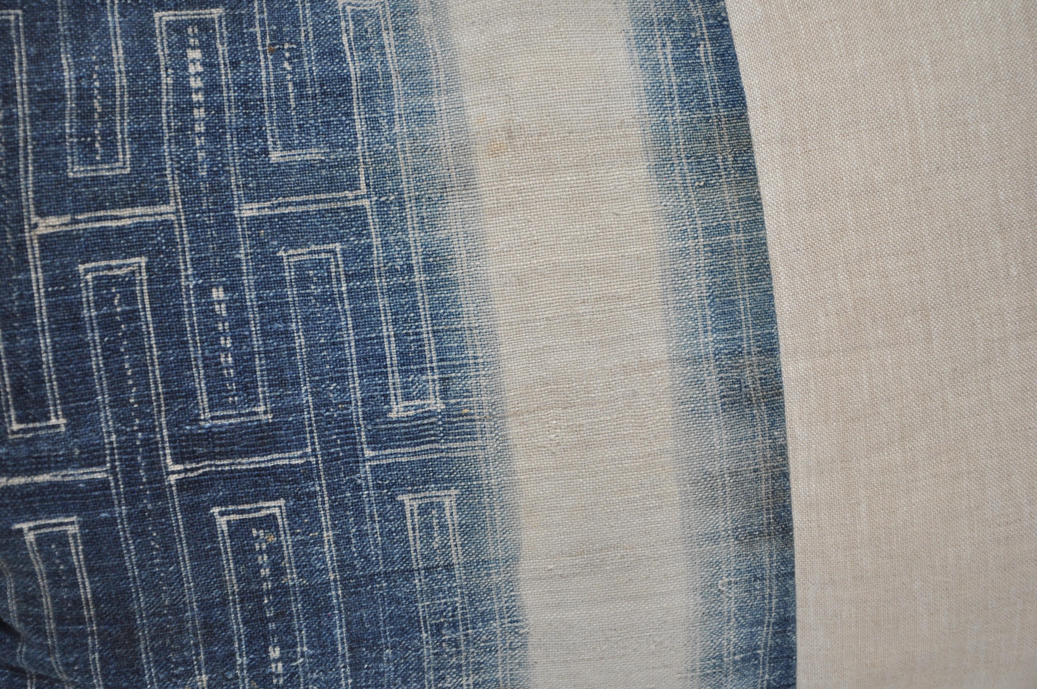 Bohemian Vintage Hmong Tribe Fabric in Indigo Blue with Natural Pure Irish Linen Reverse For Sale