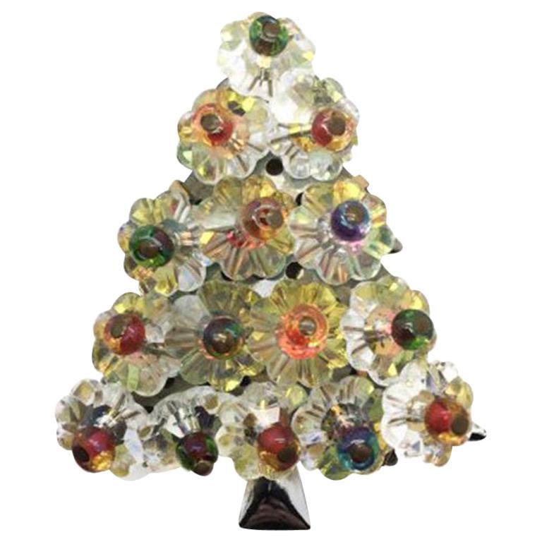 Vintage Hobe Christmas Tree Brooch With Rivoli Crystal 1965