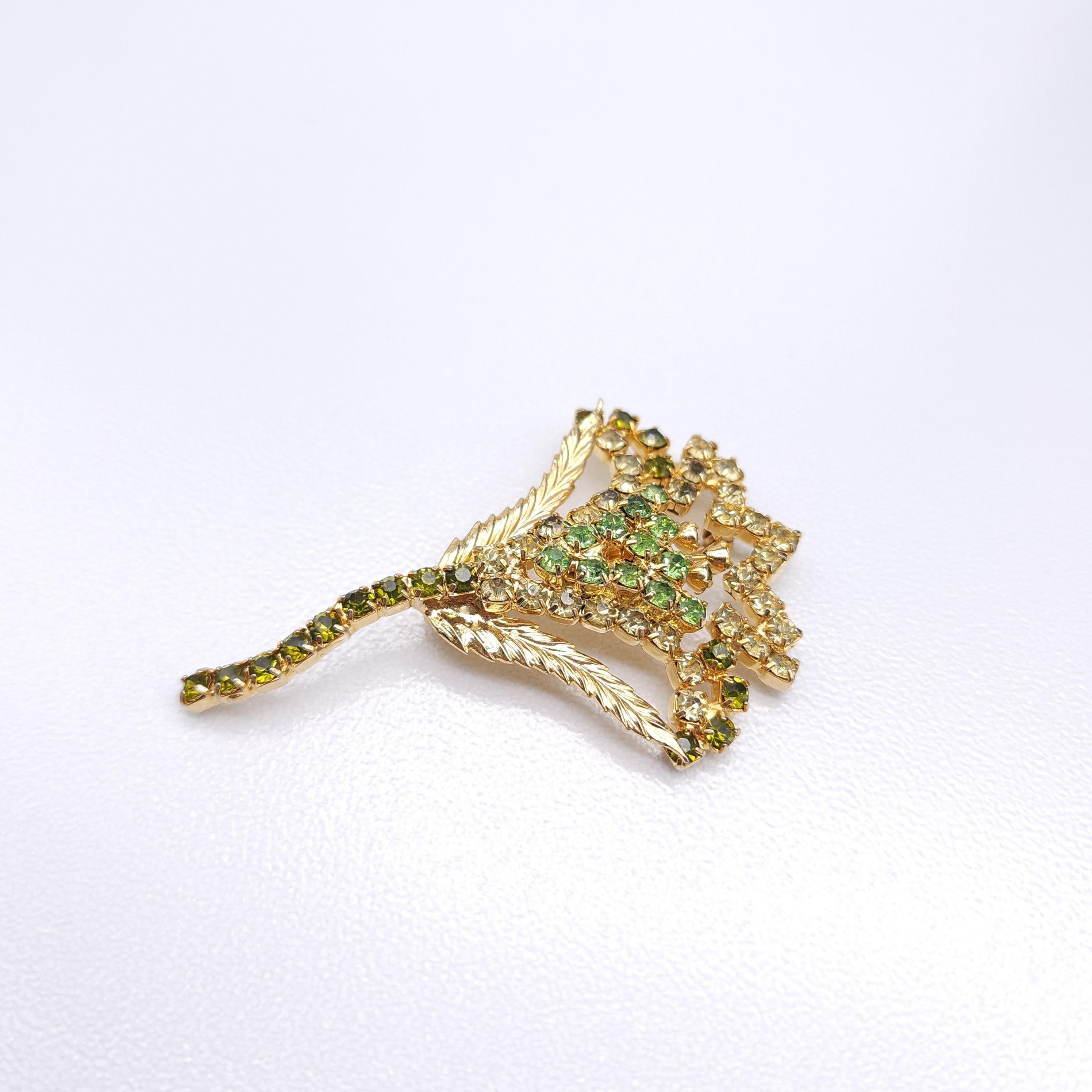 Retro Vintage Hobe Floral Brooch  Pin with Green & Yellow Crystals, Gold-Plated For Sale