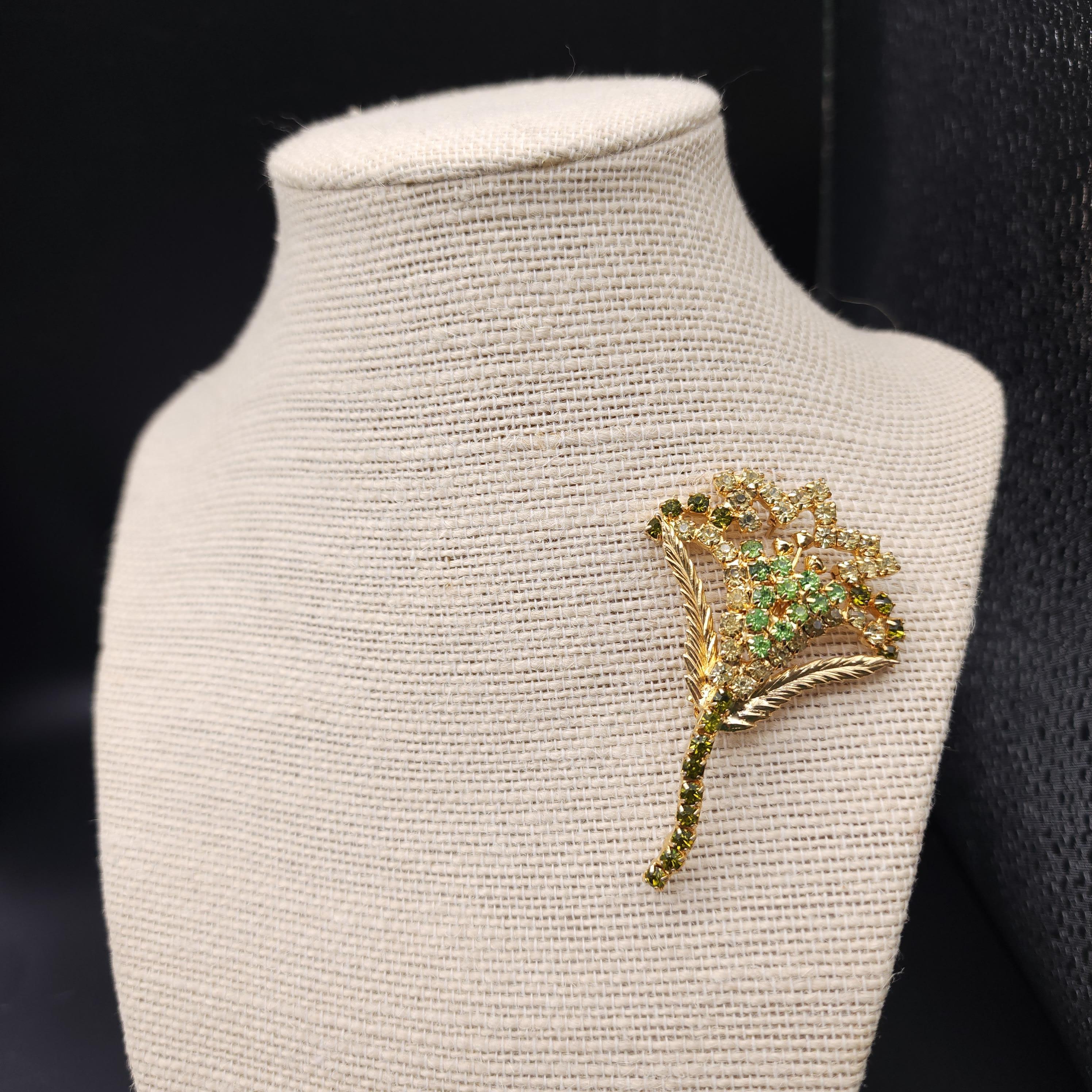 Vintage Hobe Floral Brooch  Pin with Green & Yellow Crystals, Gold-Plated For Sale 3