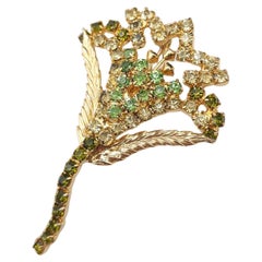 Vintage Hobe Floral Brooch  Pin with Green & Yellow Crystals, Gold-Plated