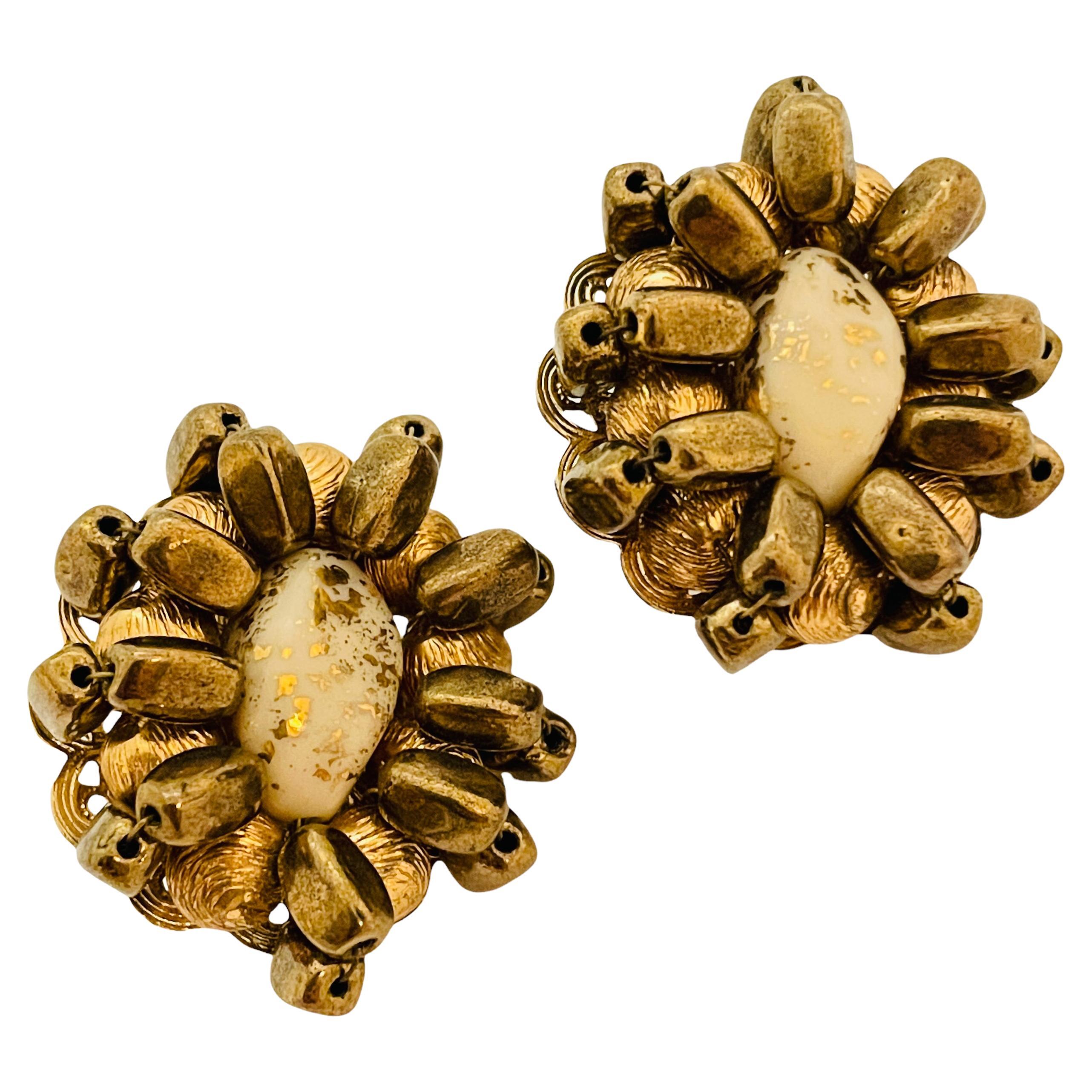 Vintage HOBE gold beaded designer clip on earrings For Sale