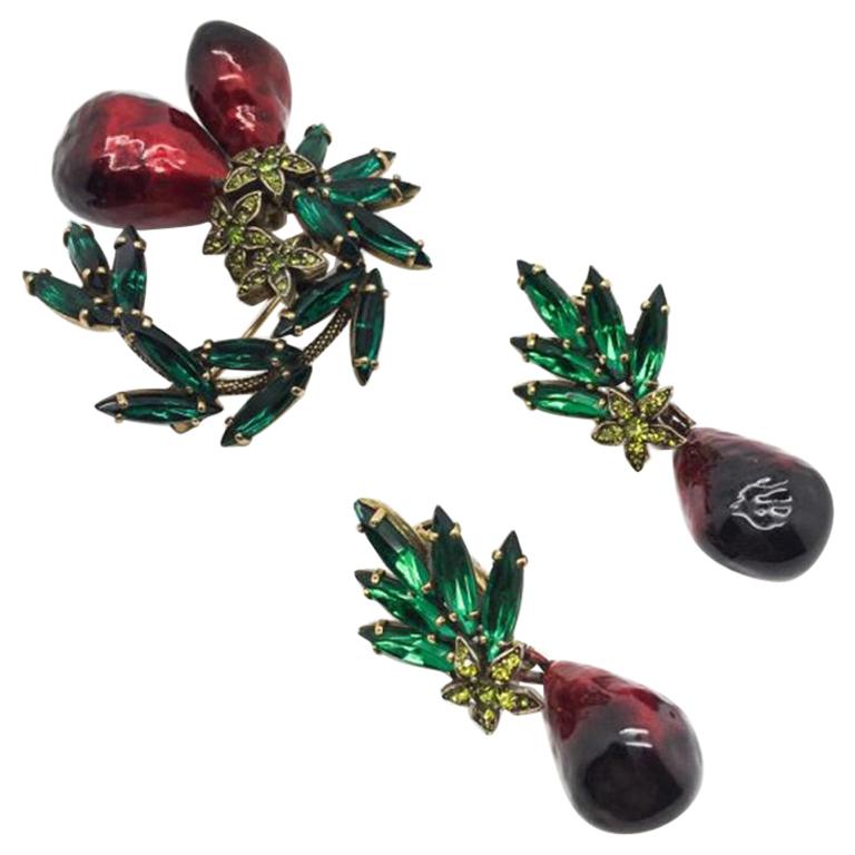 Vintage Hobe Red Enamel & Emerald Crystal Marquise Fruit Brooch & Earrings 1950s For Sale