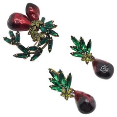 Vintage Hobe Red Enamel & Emerald Crystal Marquise Fruit Brooch & Earrings 1950s