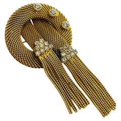 Vintage HOBE signed gold rhinestone mesh chain fringe designer brooch
