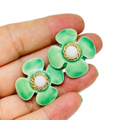 Vintage HOBE signed gold tone enamel flower designer clip on earrings