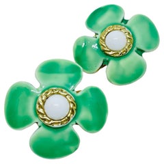 Vintage HOBE signed gold tone enamel flower designer clip on earrings