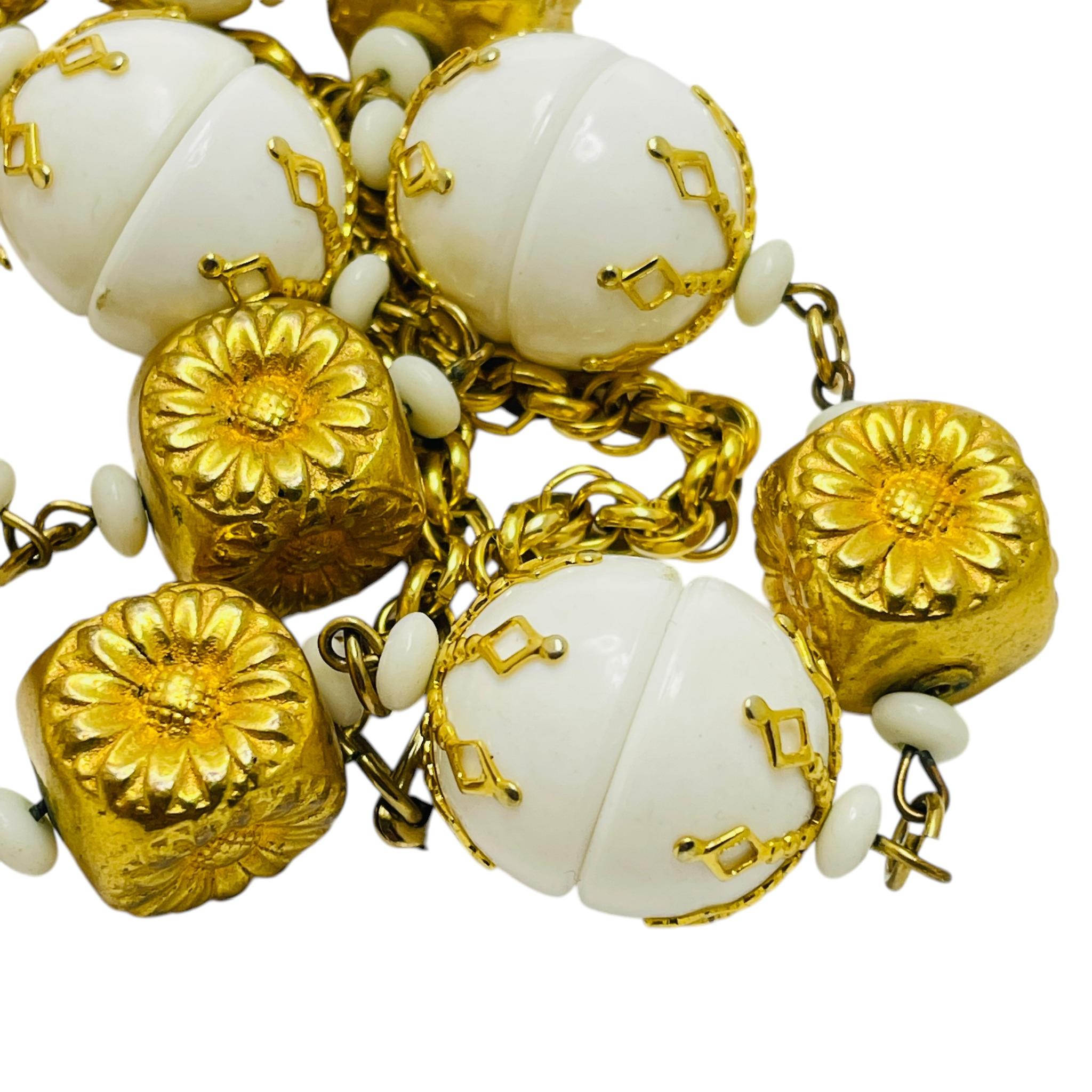Women's Vintage HOBE signed gold tone white glass beads designer necklace For Sale