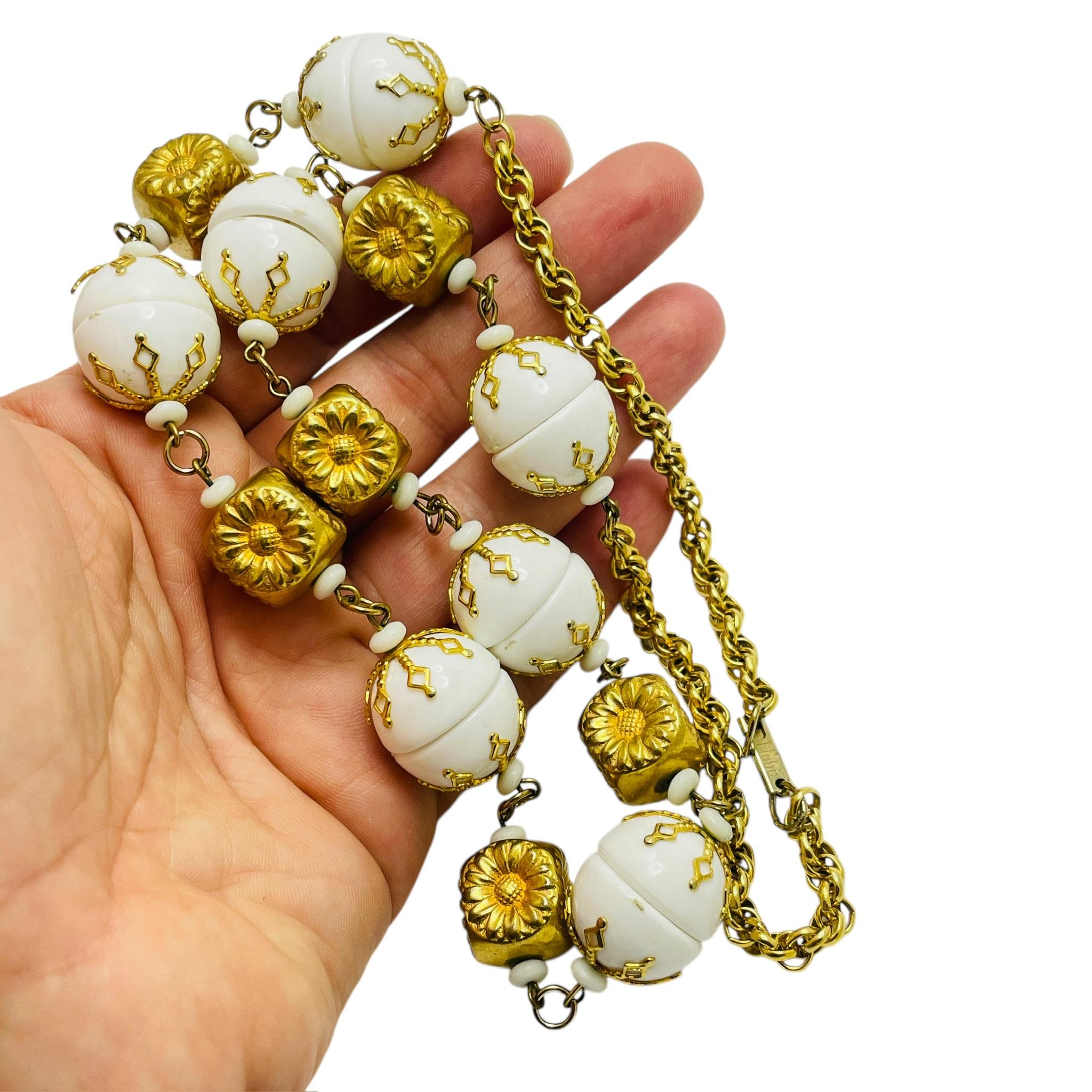 Vintage HOBE signed gold tone white glass beads designer necklace For Sale 1