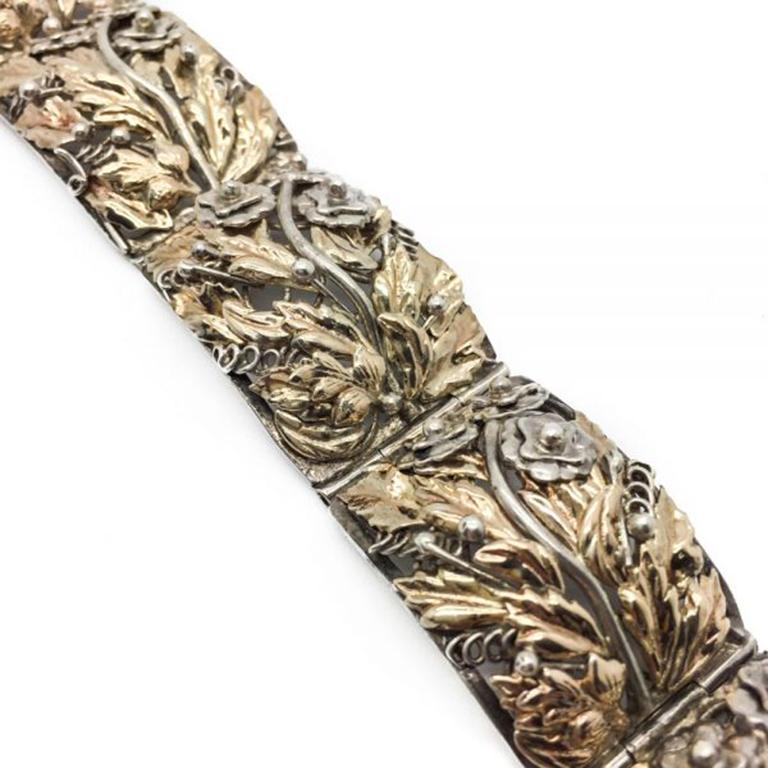 A delightful Vintage Hobe Sterling Silver & Gold Cuff Bracelet from the early 1940s designed with 14K gold detailing on a solid Sterling Silver backdrop. Early Hobe pieces and especially those in sterling silver are increasingly sought after. This