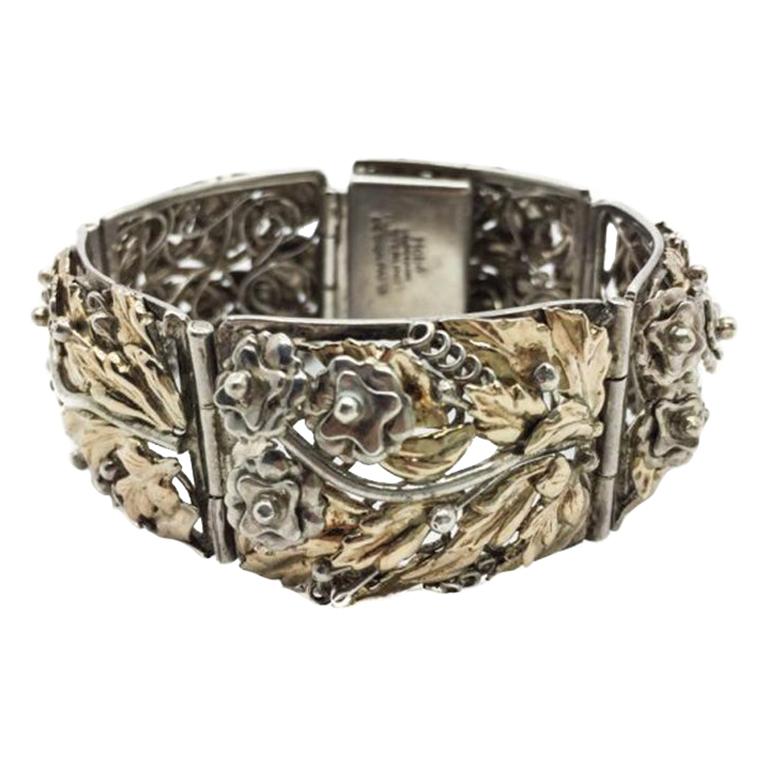 Vintage Hobe Sterling Silver & Gold Floral Cuff Bracelet 1940s