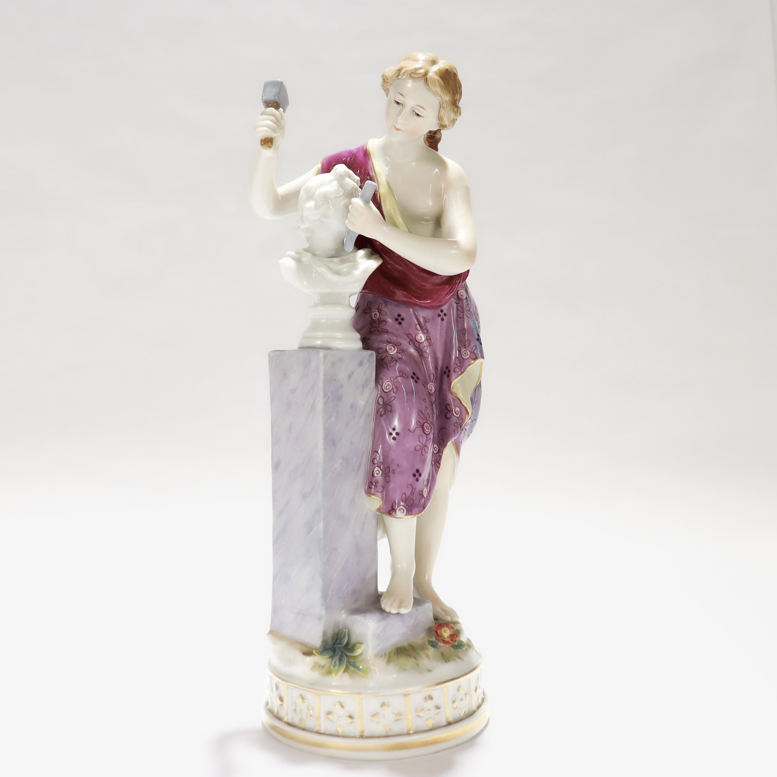 Rococo Revival Vintage Höchst Style Porcelain Figurine of a Woman Sculpting a Bust For Sale