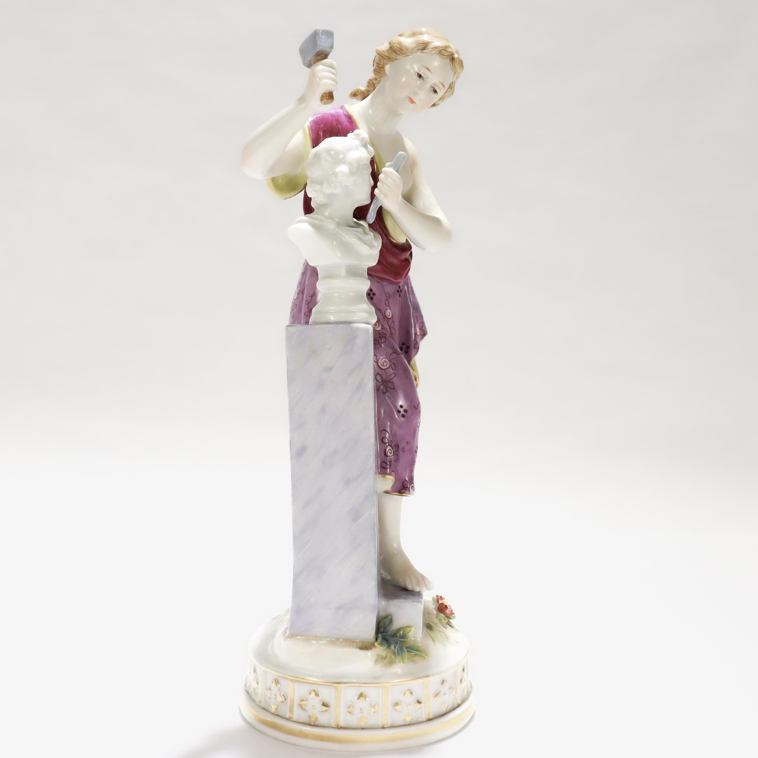 German Vintage Höchst Style Porcelain Figurine of a Woman Sculpting a Bust For Sale