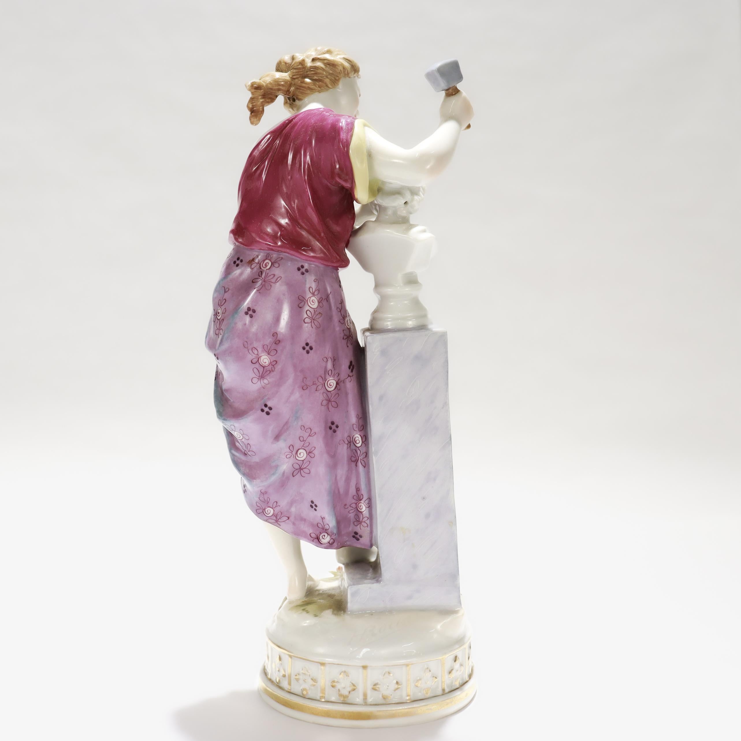 Vintage Höchst Style Porcelain Figurine of a Woman Sculpting a Bust In Good Condition For Sale In Philadelphia, PA