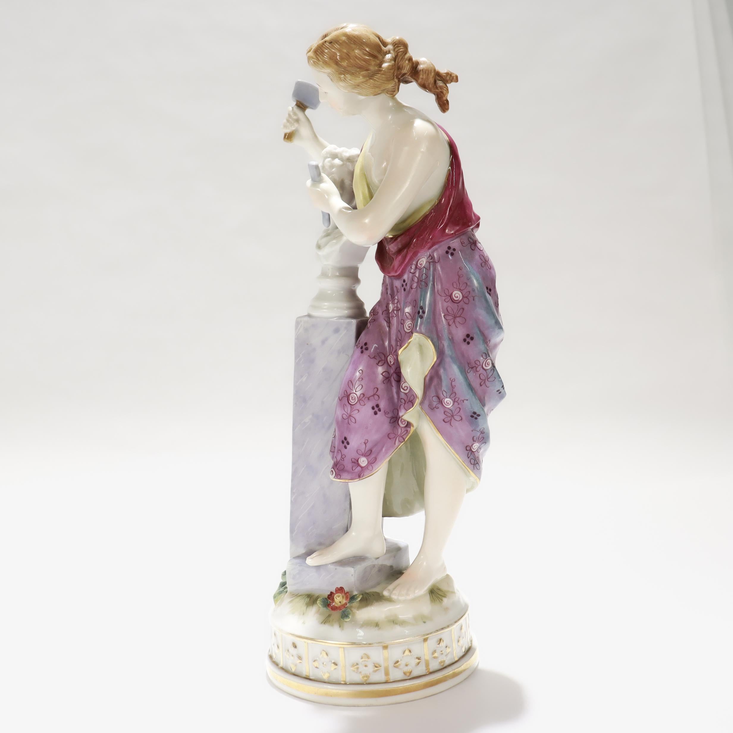 Vintage Höchst Style Porcelain Figurine of a Woman Sculpting a Bust For Sale 1