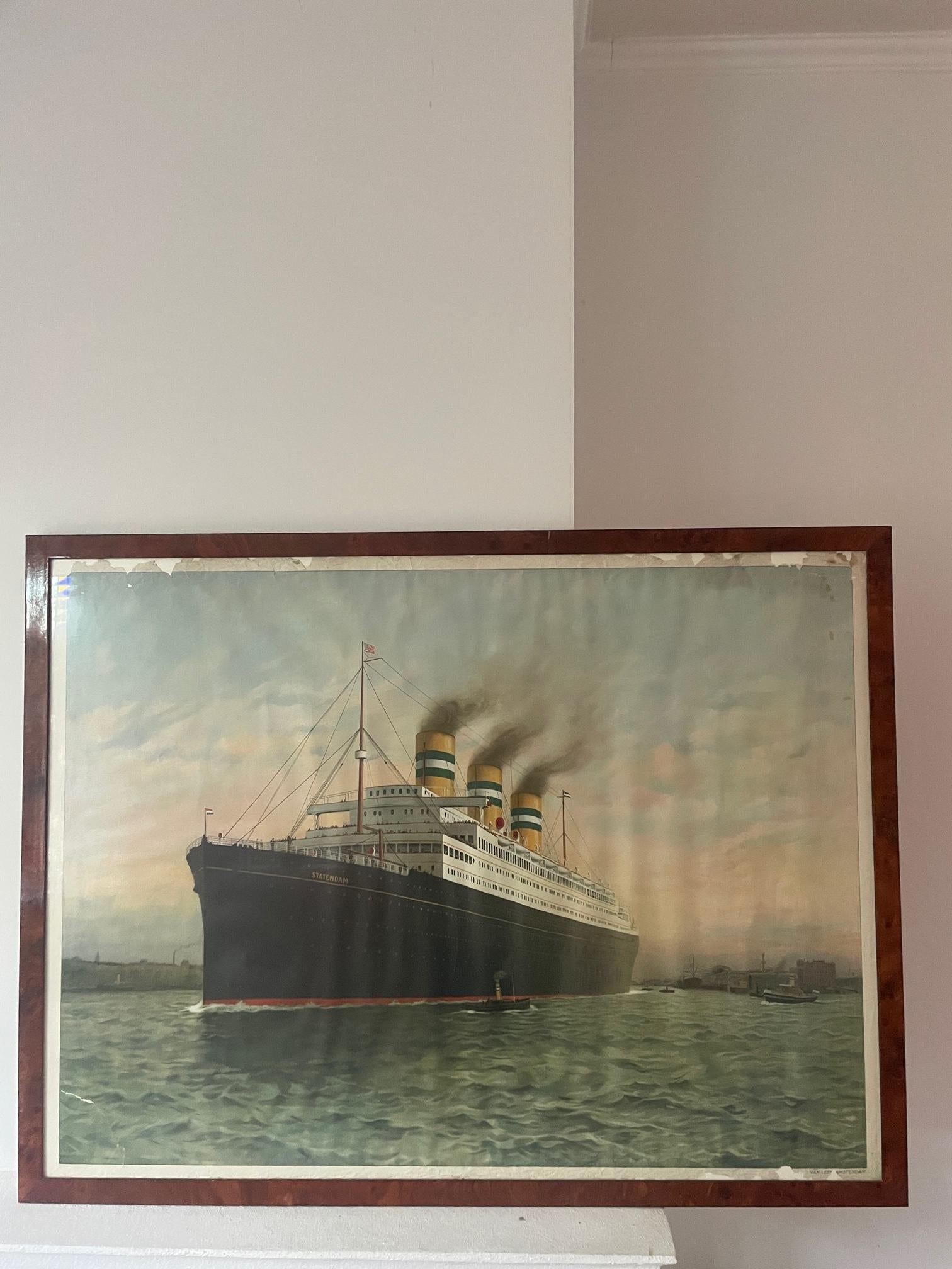 Vintage Holland America Line Poster from Van Leer, 1930s, Affiche Statendam 30s In Distressed Condition For Sale In ROTTERDAM, ZH