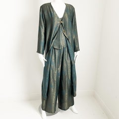 Vintage Holly Harp Long Jacket Pantsuit 3pc Set Metallic Floral Pattern M