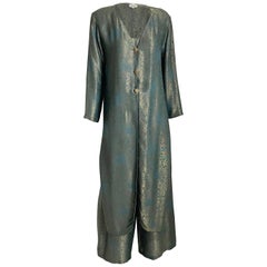 Vintage Holly Harp Long Jacket Pantsuit 3pc Set Metallic Floral Pattern M