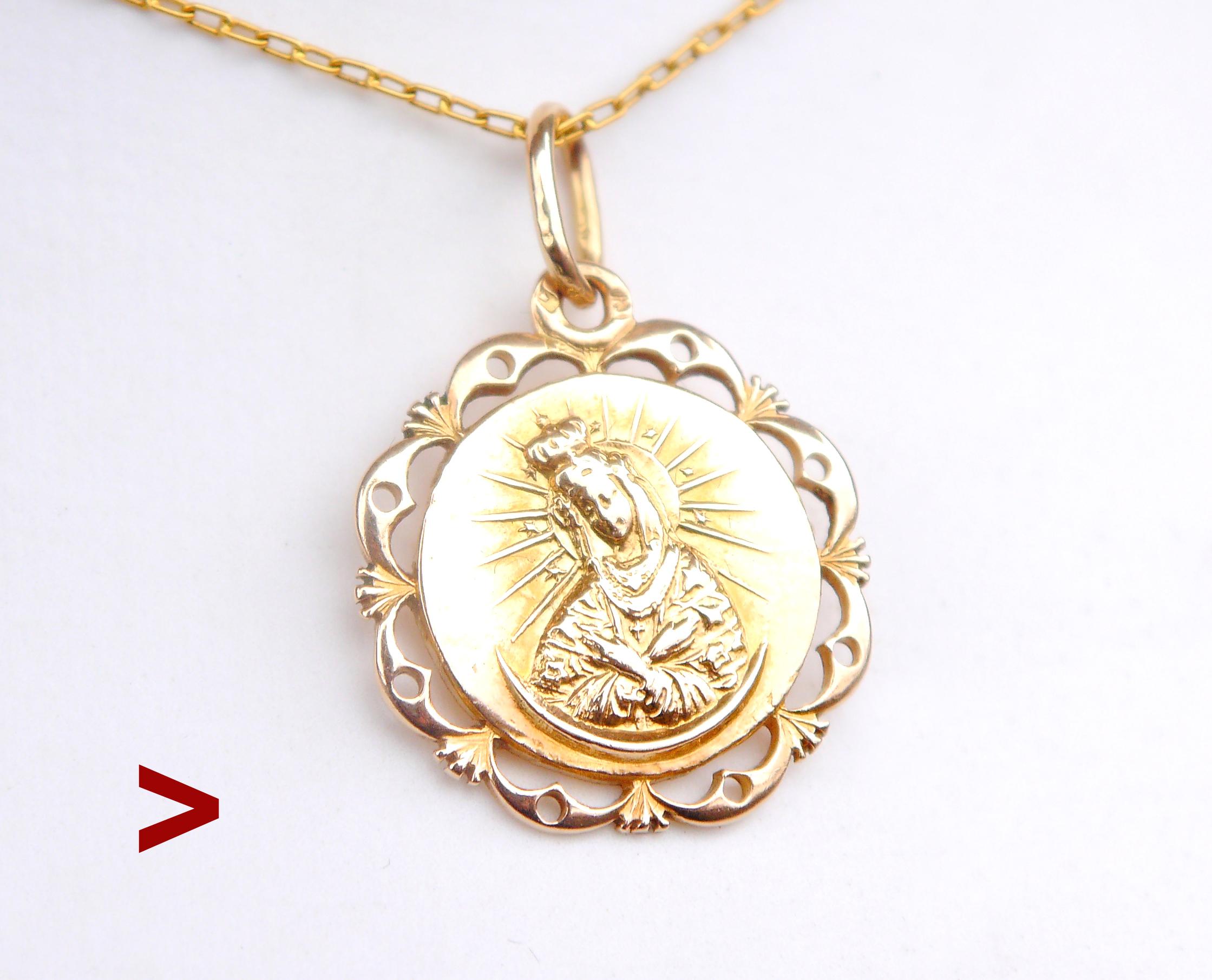 This antique or vintage European pendant with cast image of Holly Mother may become a nice addition to the Cross you wear. Interesting Crescent in the lower part. Vague hallmarks, metal tested solid 14K Yellow Gold.In used fine condition. Minor wear