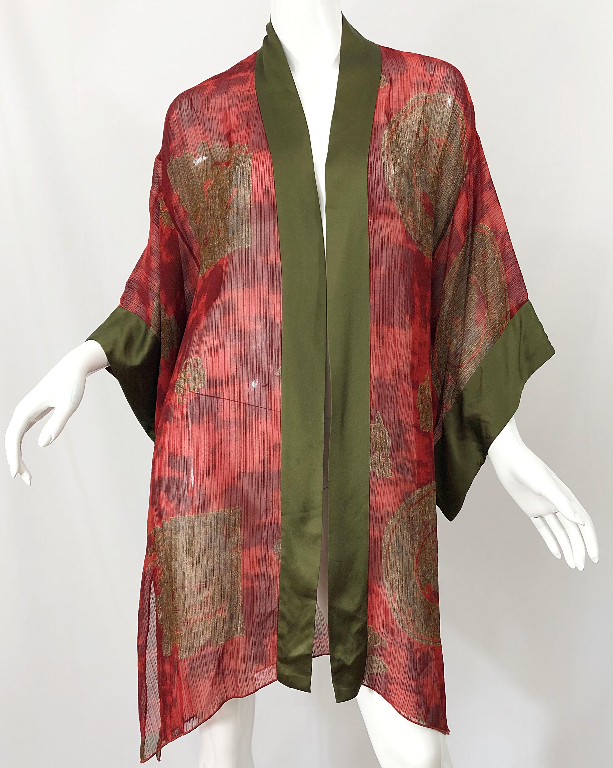 Vintage Holly's Harp Red Olive Green Gold Silk Chiffon Sheer Kimono Jacket For Sale 2