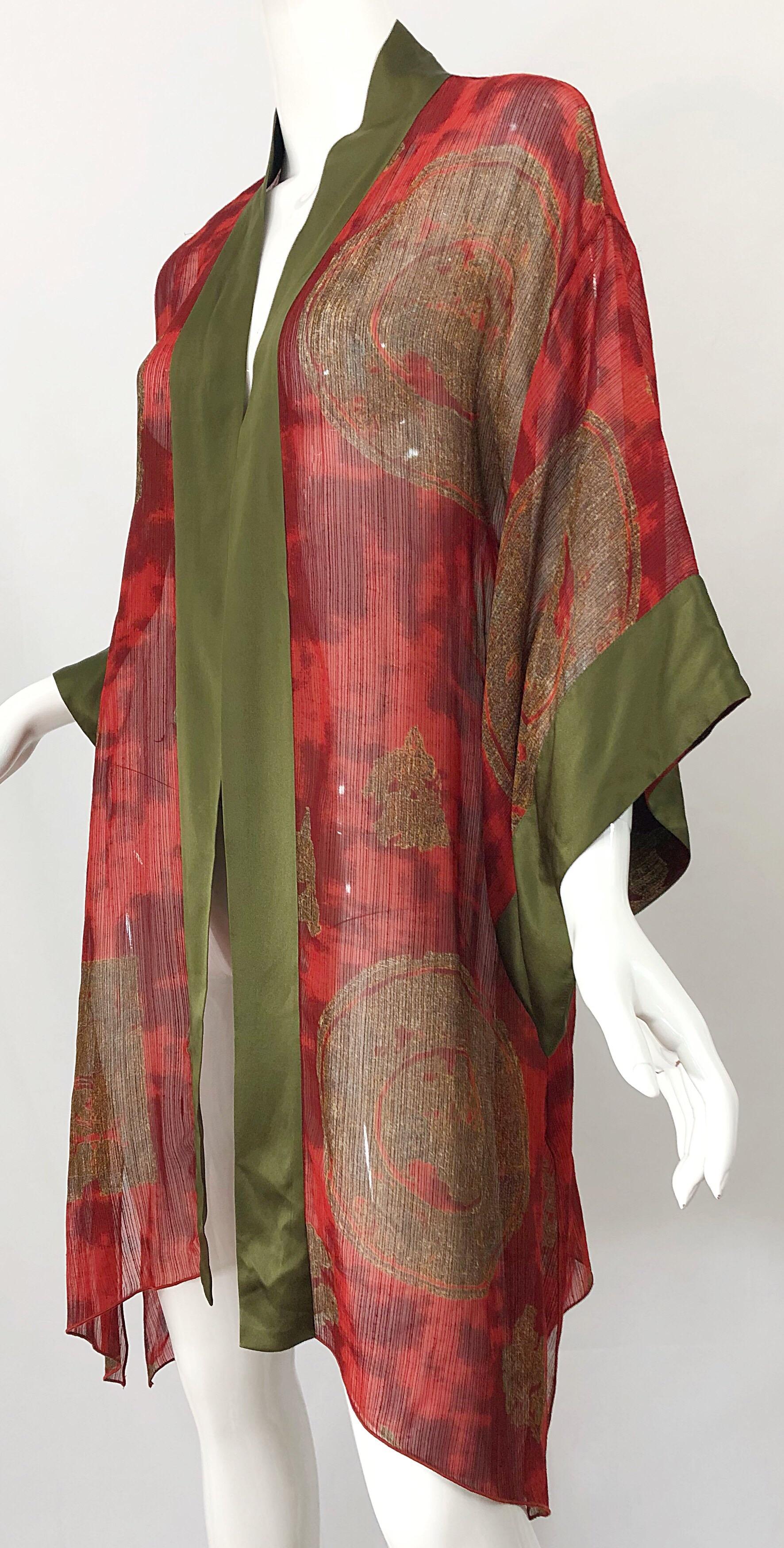 Vintage Holly's Harp Red Olive Green Gold Silk Chiffon Sheer Kimono Jacket For Sale 3