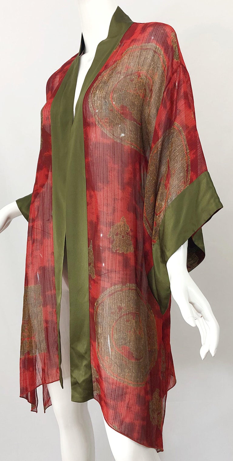 Vintage Holly's Harp Red Olive Green Gold Silk Chiffon Sheer Kimono