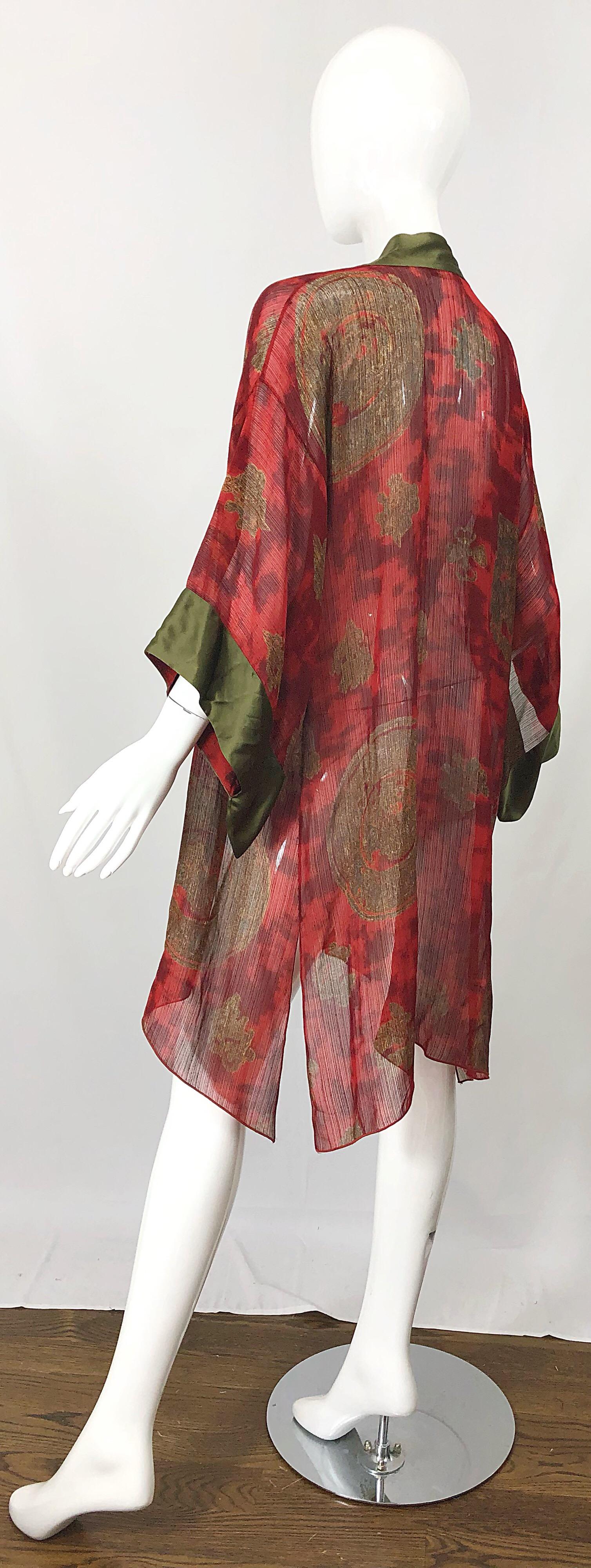 Vintage Holly's Harp Red Olive Green Gold Silk Chiffon Sheer Kimono Jacket For Sale 4