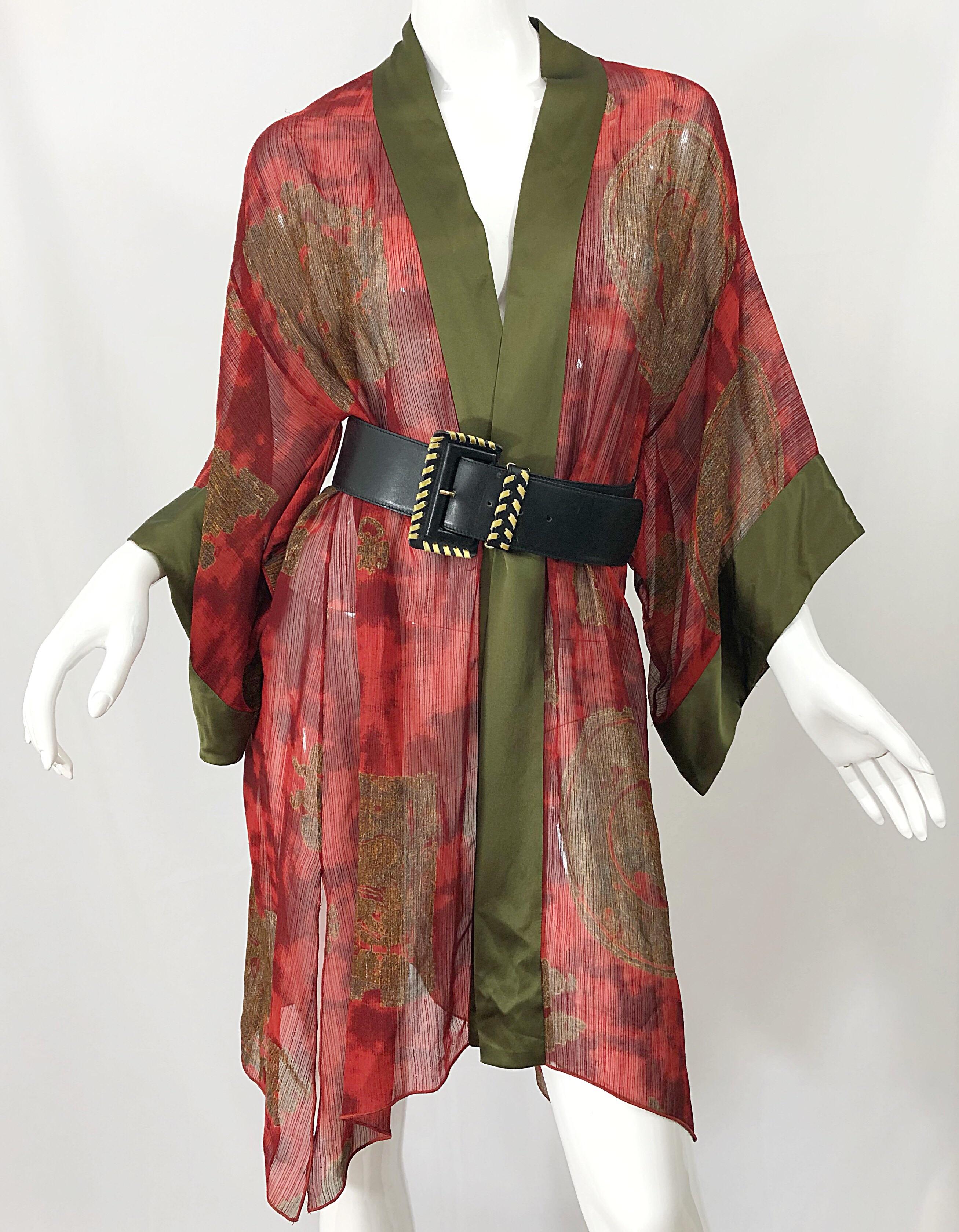Vintage Holly's Harp Red Olive Green Gold Silk Chiffon Sheer Kimono Jacket For Sale 5