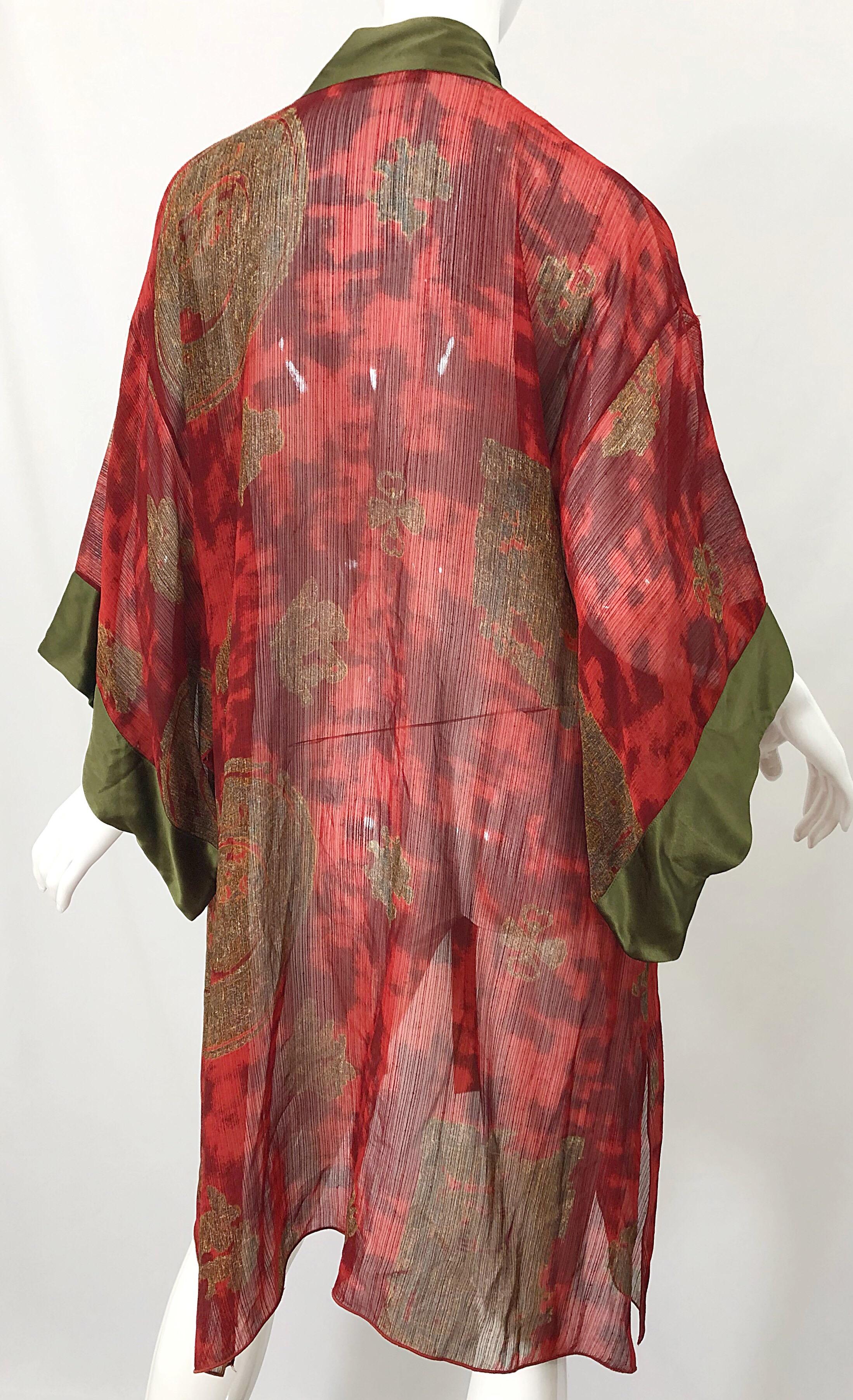 Vintage Holly's Harp Red Olive Green Gold Silk Chiffon Sheer Kimono Jacket For Sale 6