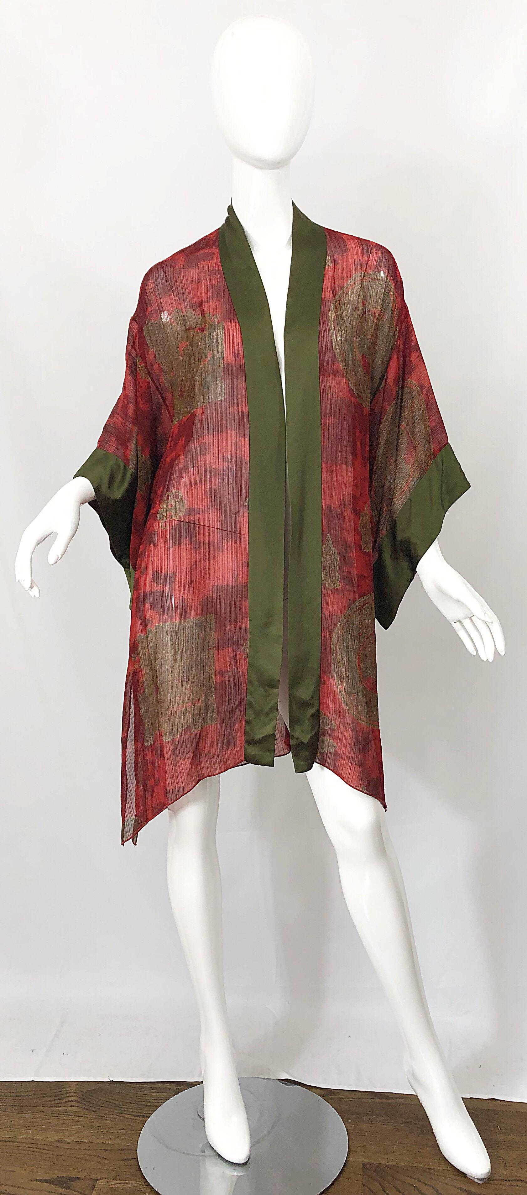 Vintage Holly's Harp Red Olive Green Gold Silk Chiffon Sheer Kimono Jacket For Sale 7