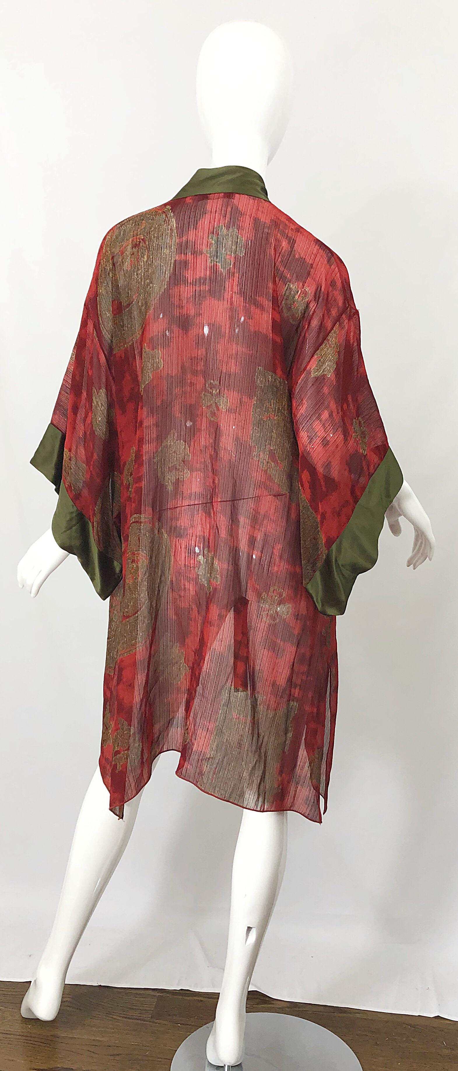 Chaqueta kimono de gasa de seda roja verde oliva de Holly Harp vintage Marrón en venta