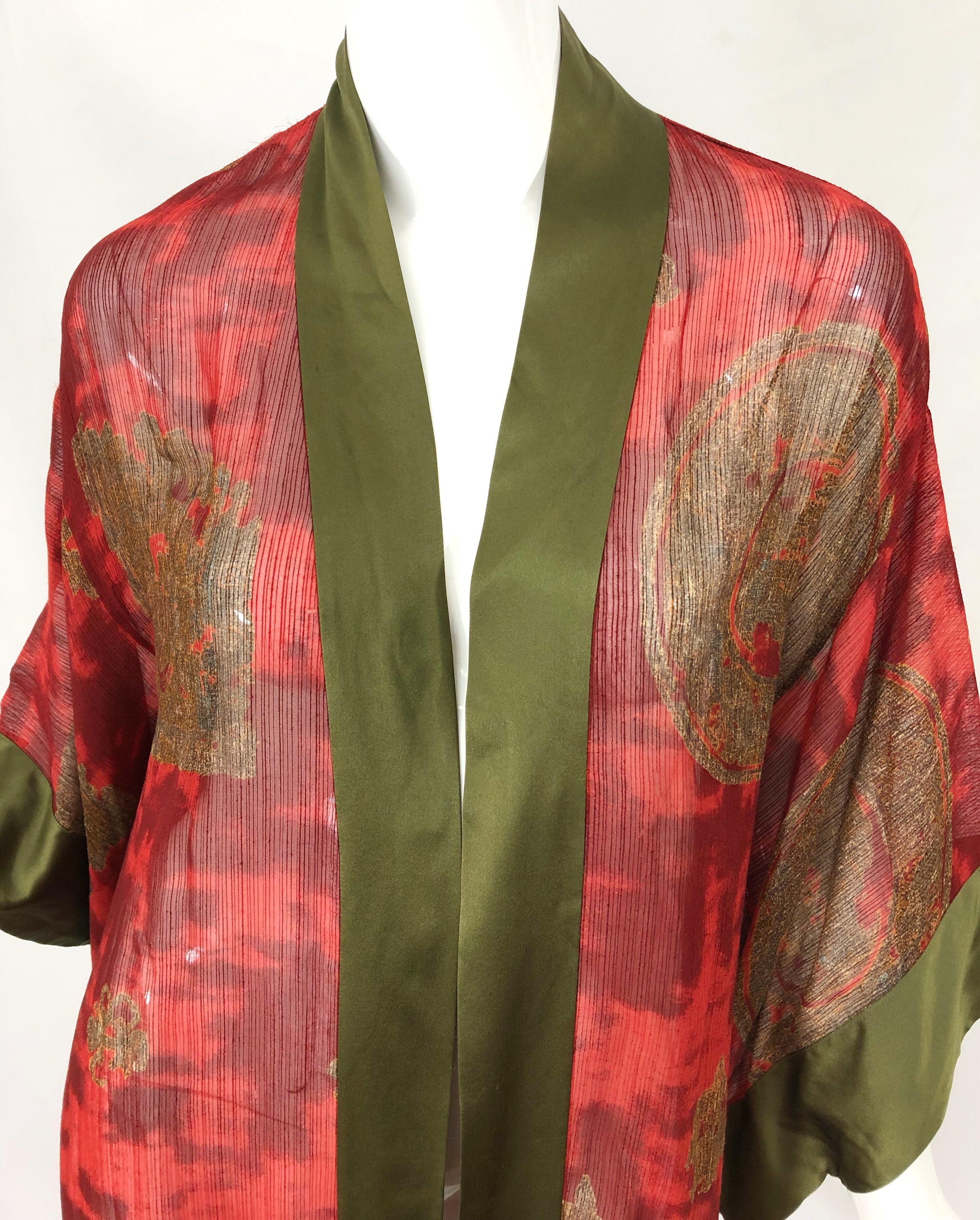 Brown Vintage Holly's Harp Red Olive Green Gold Silk Chiffon Sheer Kimono Jacket For Sale