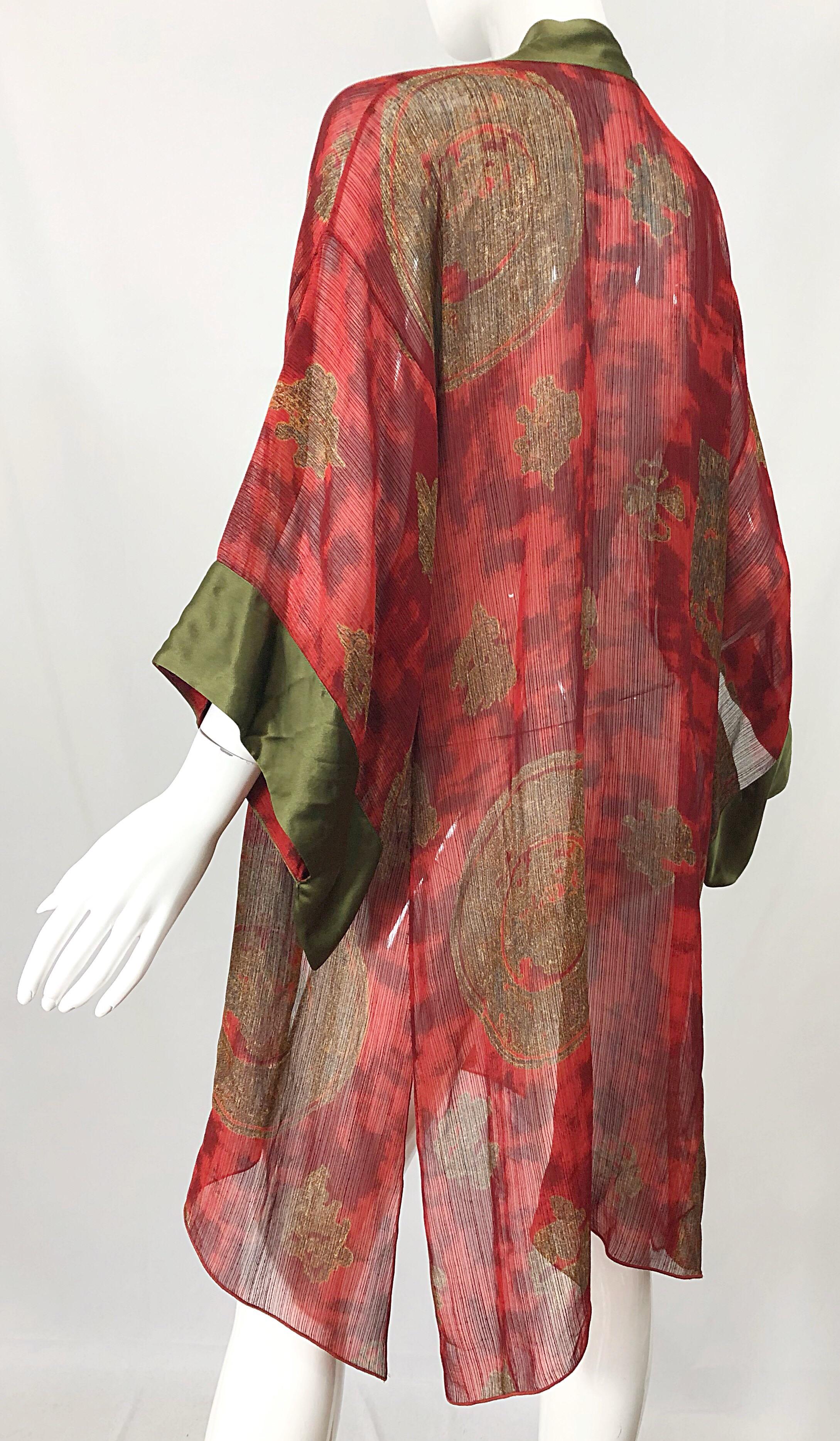 Vintage Holly's Harp Red Olive Green Gold Silk Chiffon Sheer Kimono Jacket In Excellent Condition For Sale In San Diego, CA
