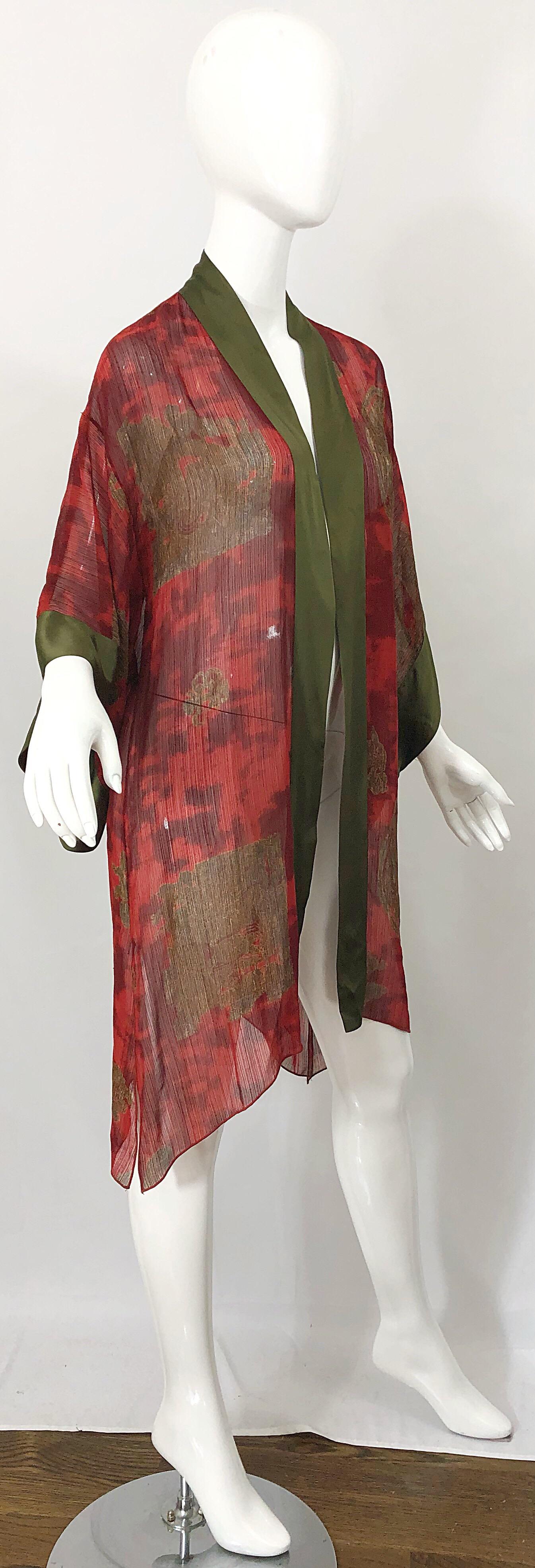 Women's Vintage Holly's Harp Red Olive Green Gold Silk Chiffon Sheer Kimono Jacket For Sale