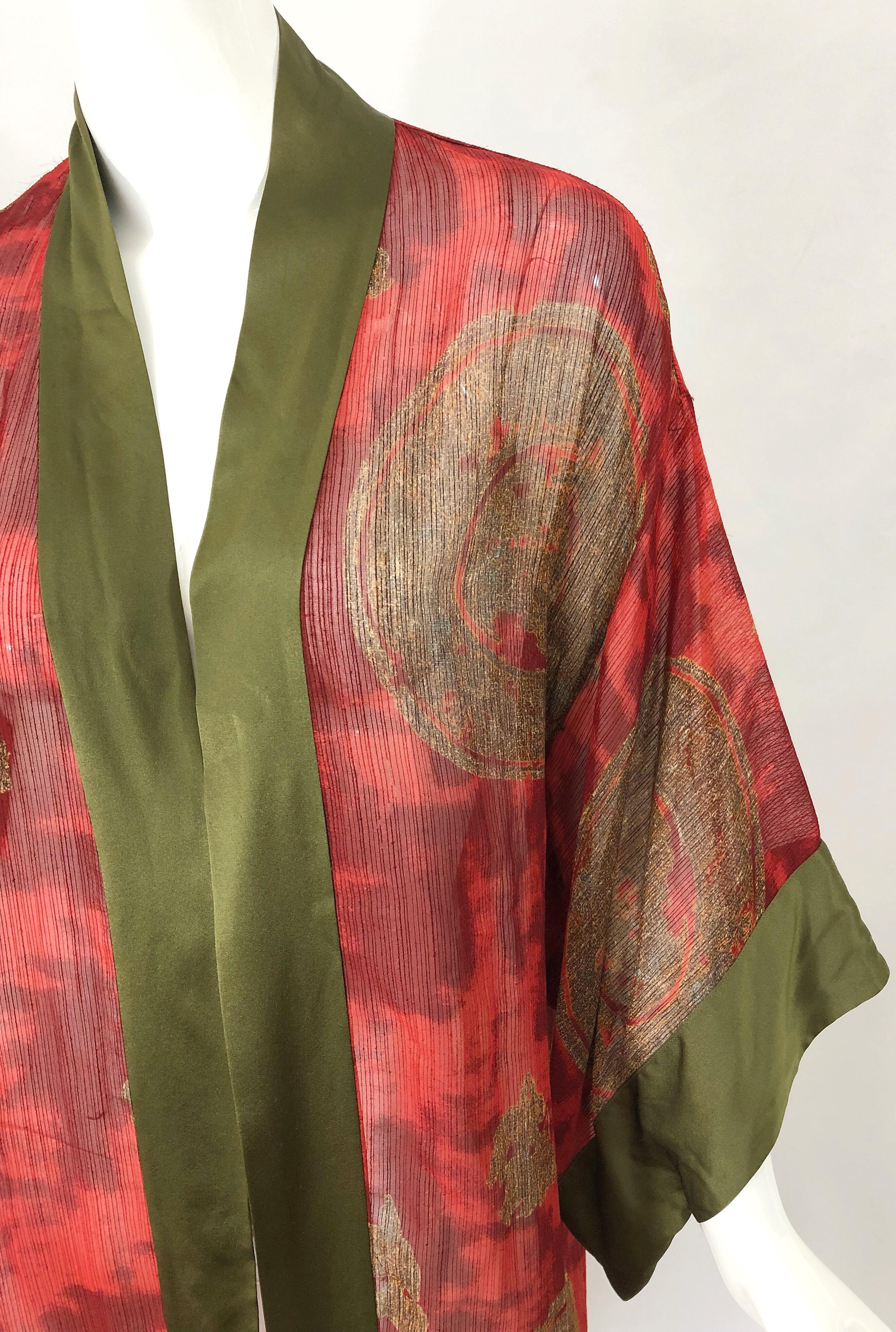 Vintage Holly's Harp Red Olive Green Gold Silk Chiffon Sheer Kimono Jacket For Sale 1
