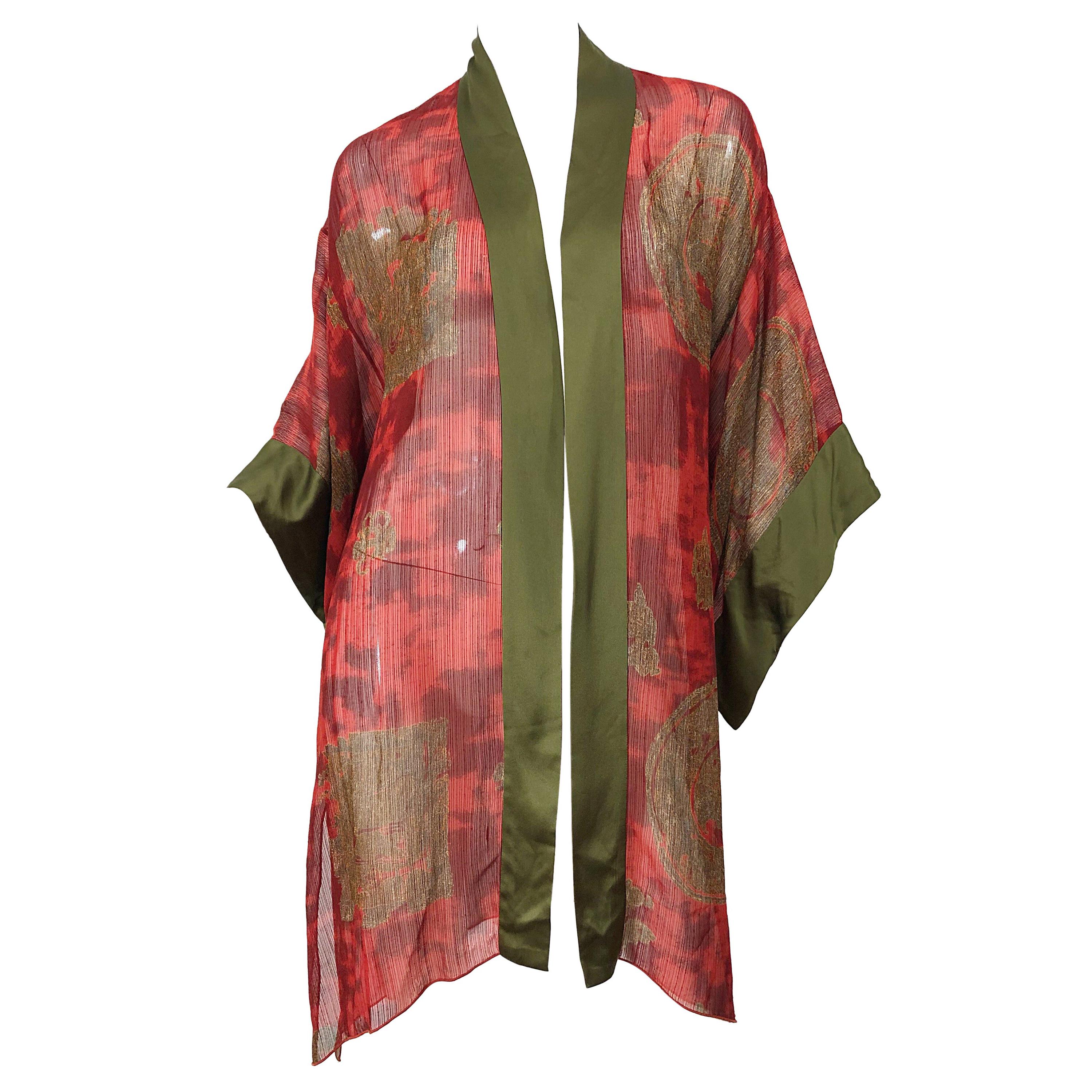 Vintage Holly's Harp Red Olive Green Gold Silk Chiffon Sheer Kimono Jacket For Sale