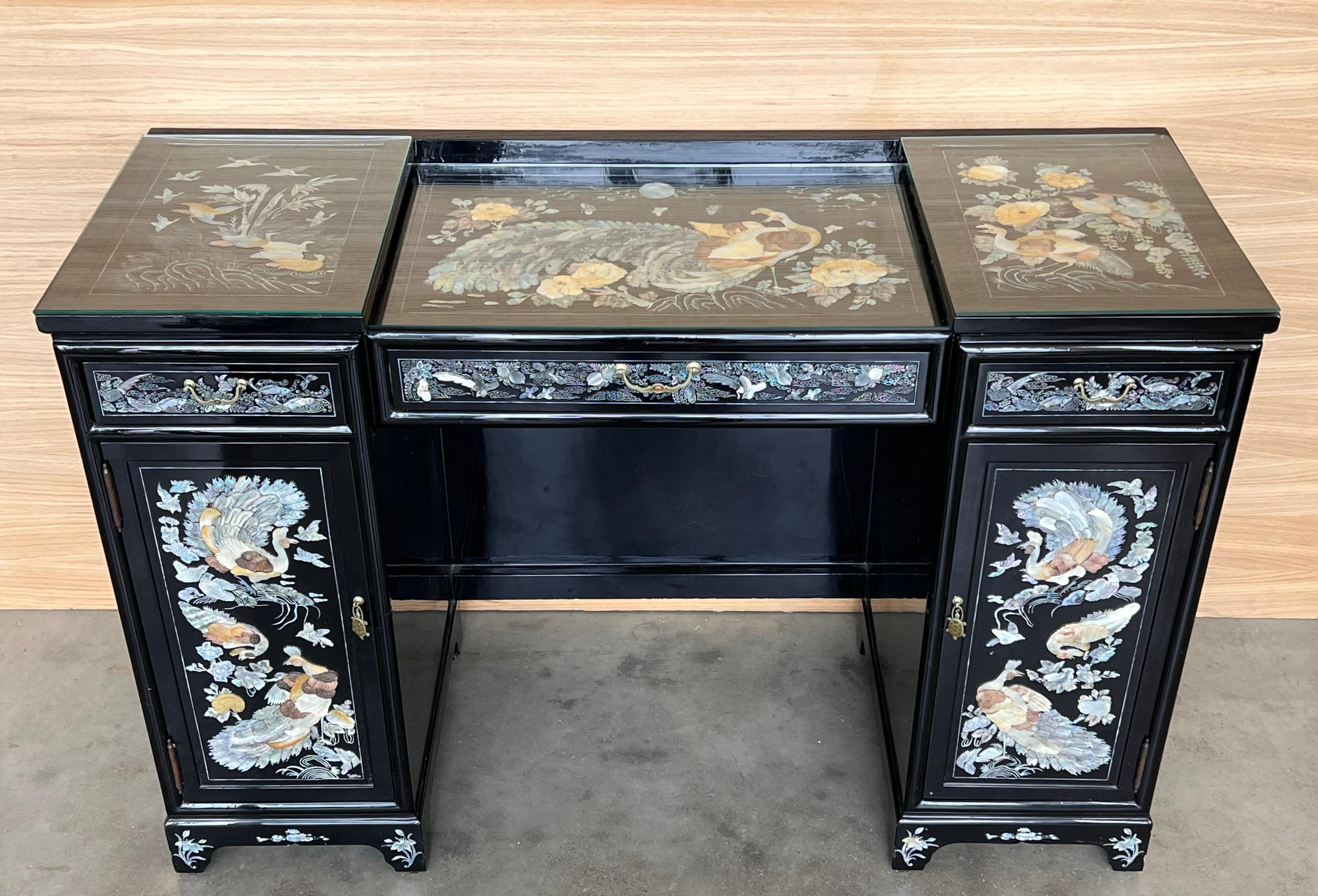 Wood Vintage Hollywood Chinoiserie Black Lacquered Vanity or Desk Table