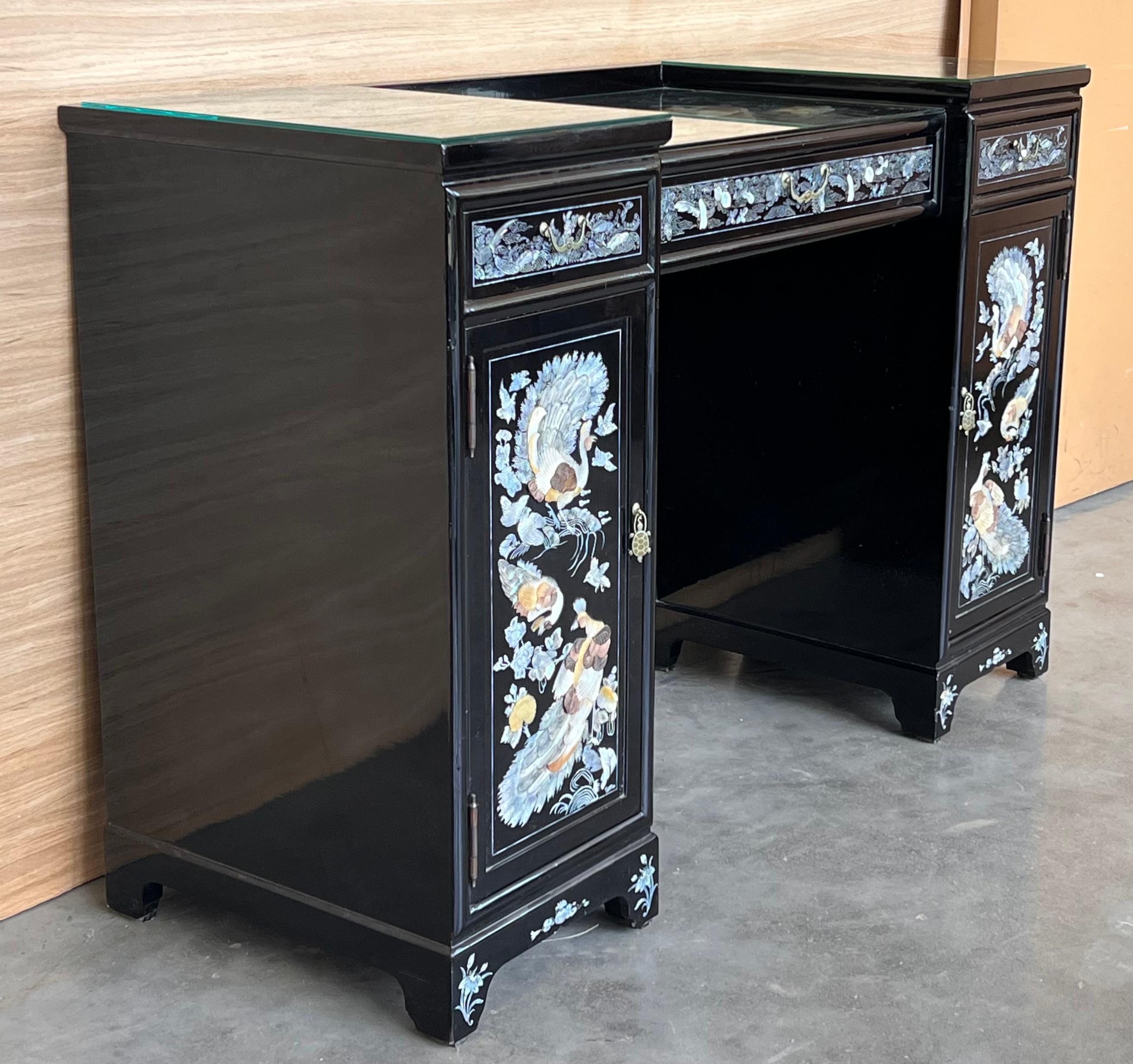 Vintage Hollywood Chinoiserie Black Lacquered Vanity or Desk Table 1